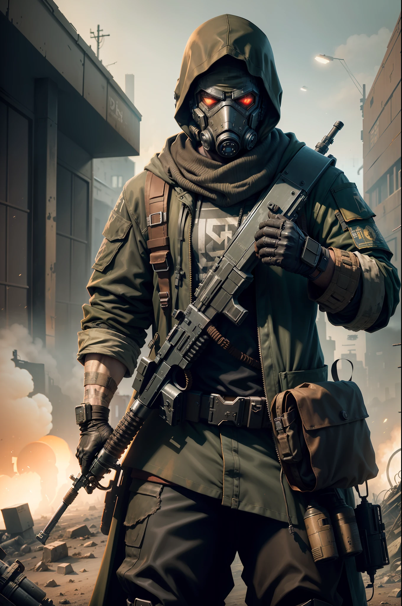 close-up of a masked man with a gun in his hands, Post-apocalyptic scavenger, from half-life 2, in apocalyptic robes, Apocalyptic setting, Gloomy apocalyptic style, , In Dayz, , Escape from Tarkov, In Tarkov, Metro 2 0 3 3, standing in wasteland