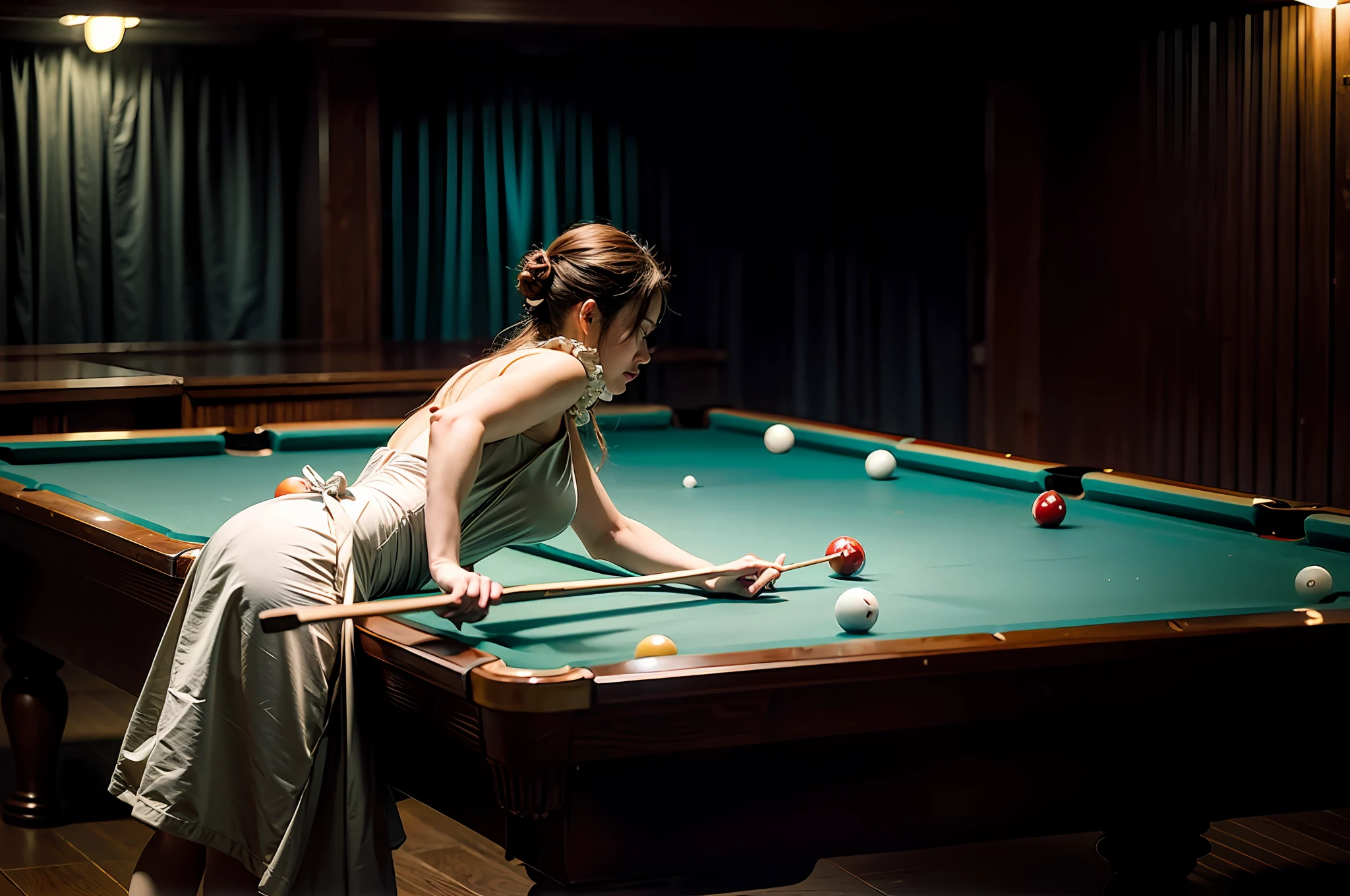 (Masterpiece), (intriciate detail), (Photorealistic:1.3), (film grain:1.3), Beautiful 22-year-old woman playing pool, bars,