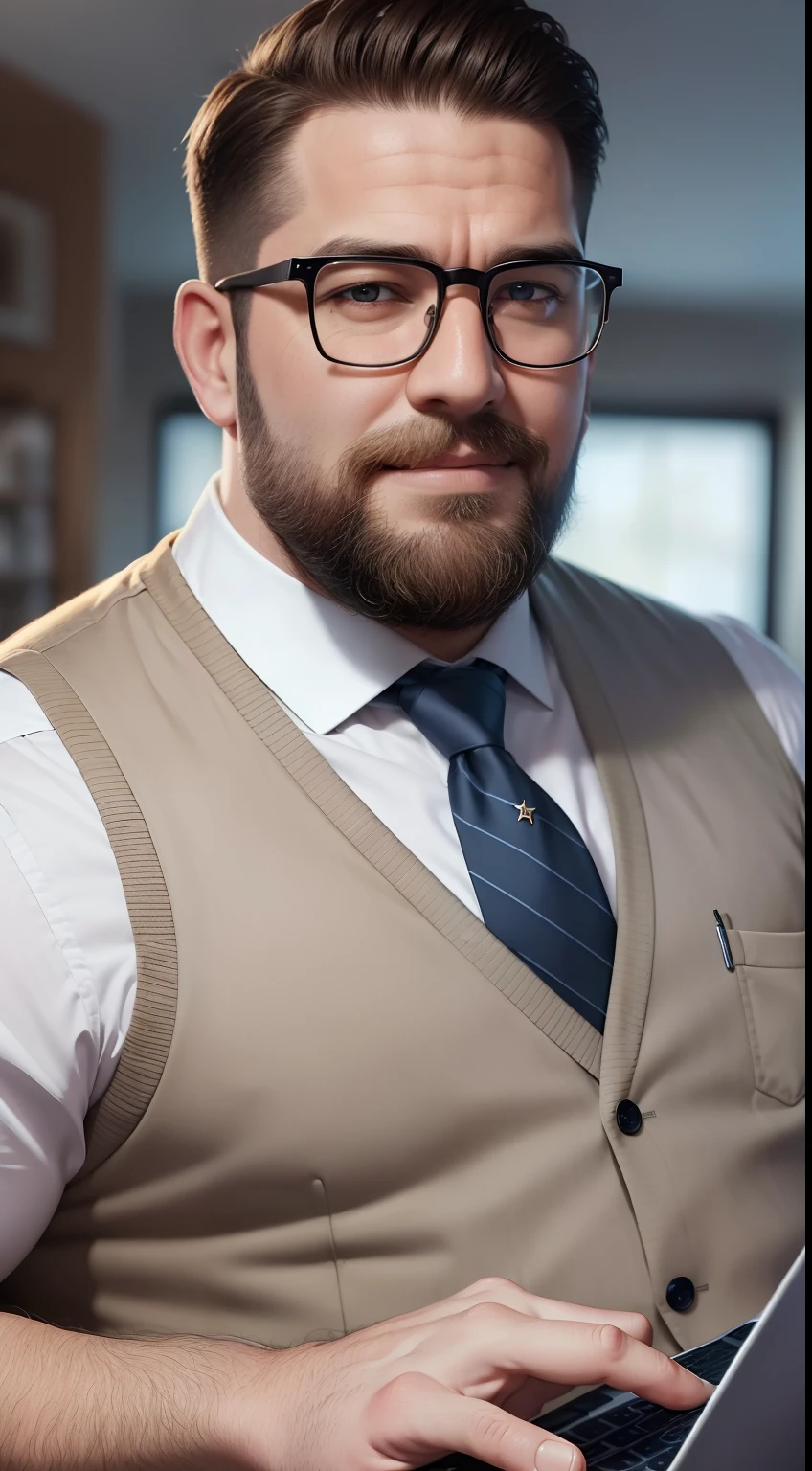 epic realistic,photore,1 Handsome uncle,buzz cut,Beard,Wearing glasses,Chubby figure,large pecs,Wear a professional suit,holding laptop,Enchanted smile,mature,tmasterpiece