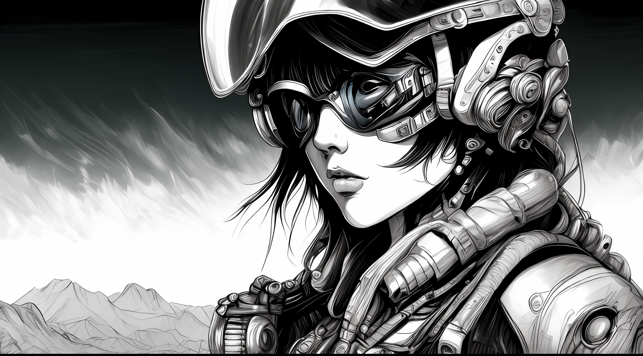 (BionicBikerGirl style:1) a drawing of a woman wearing a helmet and goggles