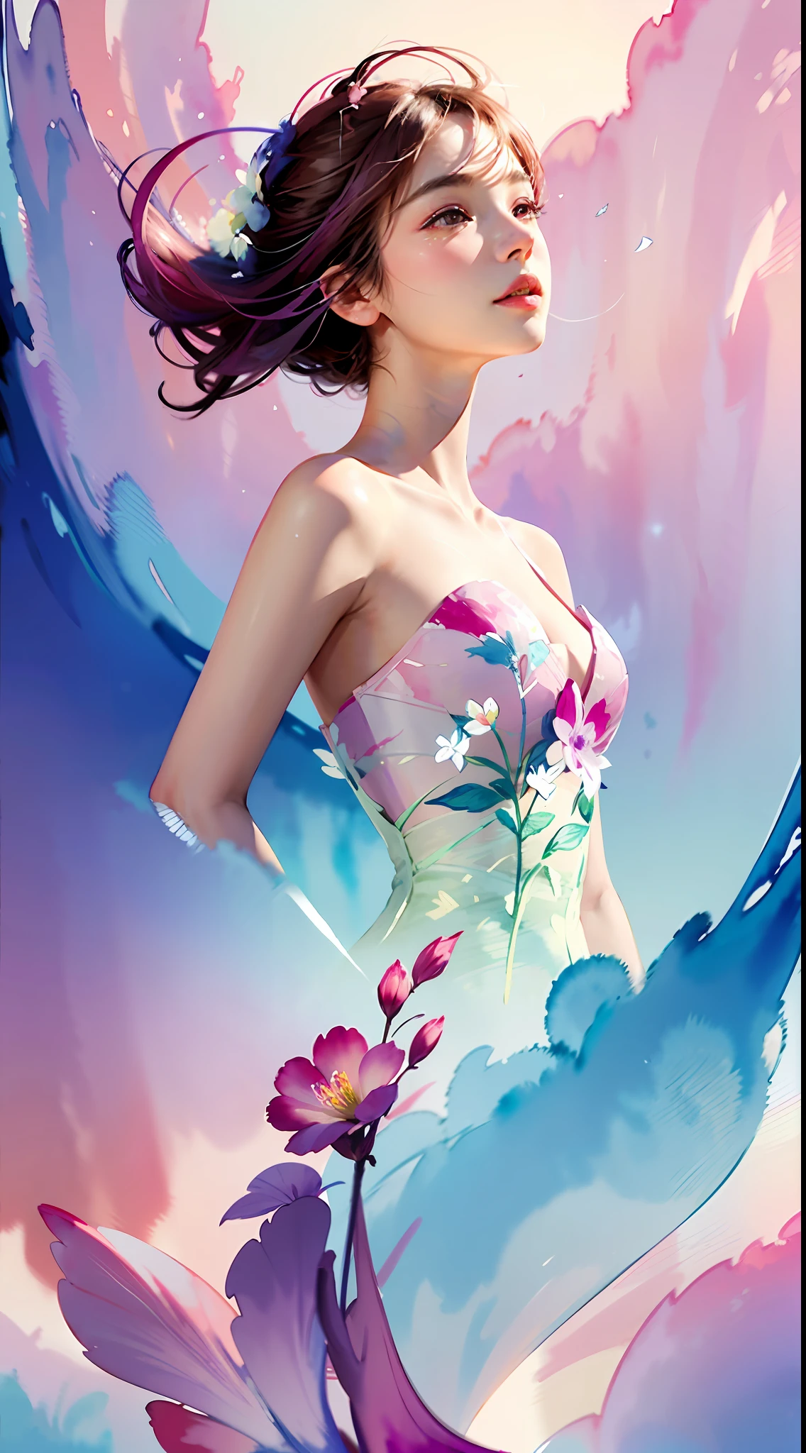 1girl,flower, Lisianthus ,in the style of light pink and light azure, dreamy and romantic compositions, pale pink, ethereal foliage, playful arrangements,fantasy, high contrast, ink strokes, explosions, over exposure, purple and red tone impression , abstract, ((watercolor painting by John Berkey and Jeremy Mann )) brush strokes, negative space,