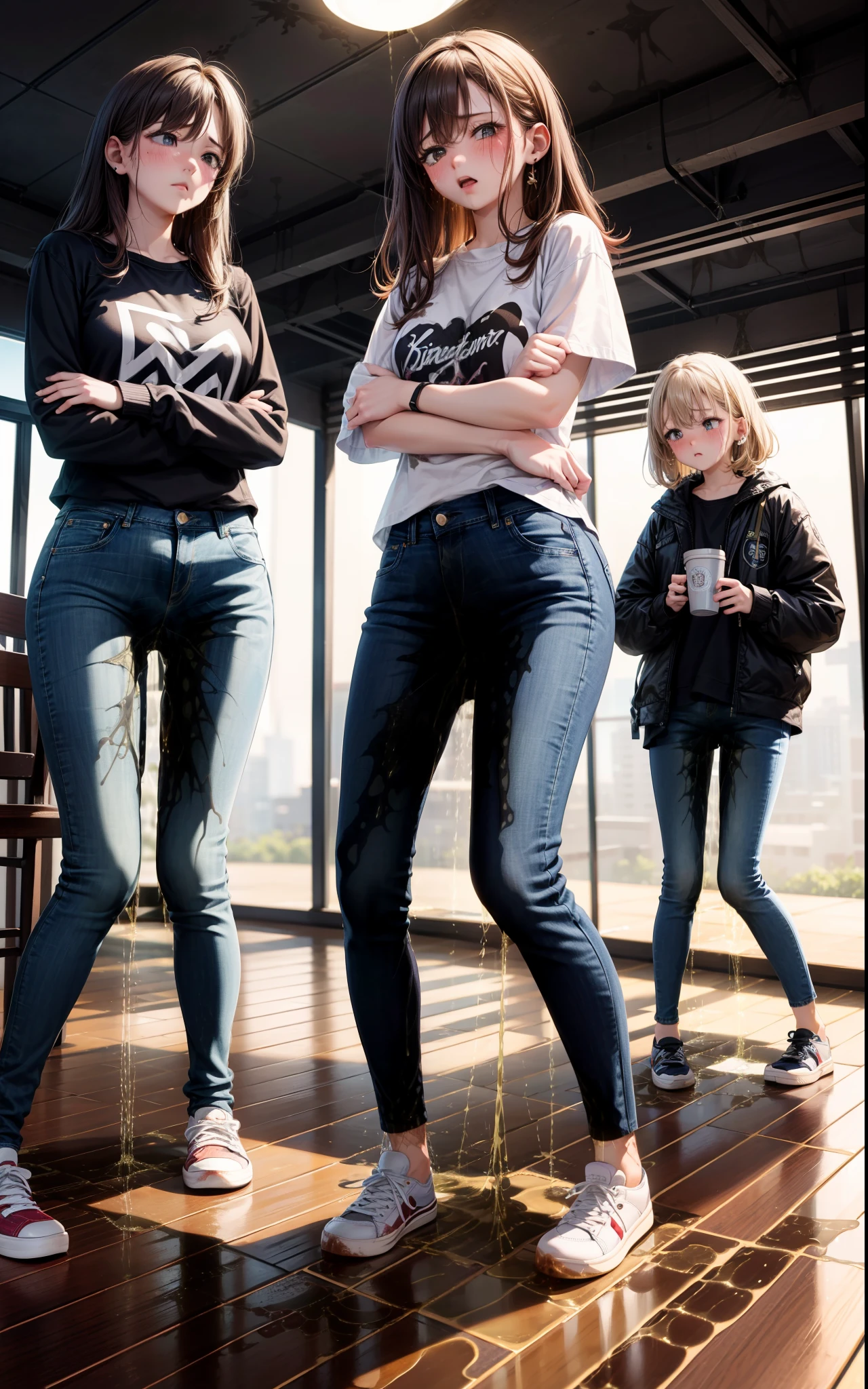 masterpiece, best quality, high resolution, (3girls), 20 years old, (blue jeans pants), full body, blush, worried, park, ((((((pee stain))))))
