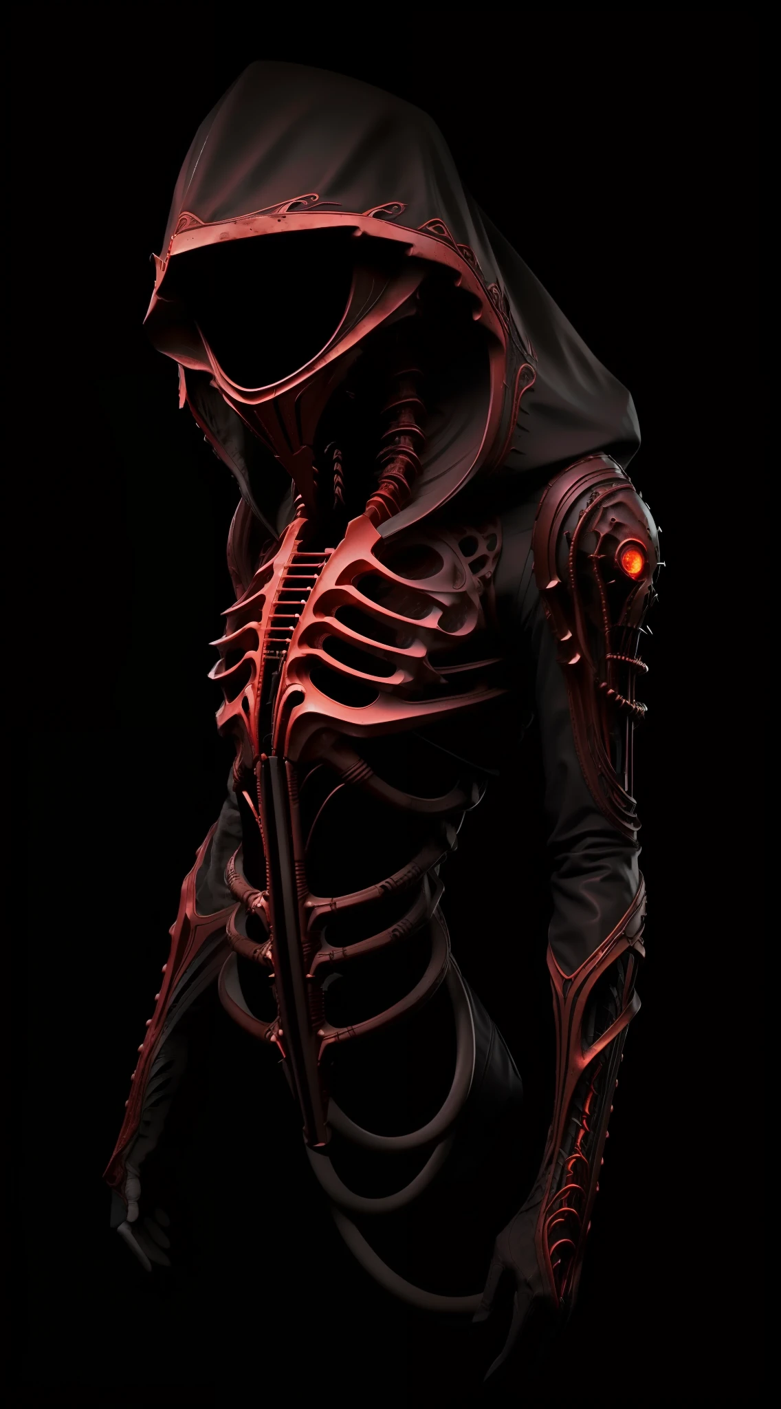 jane_noexist, (skull :0.3) ,(blood vessels attached to tubes),(biomechanical vertebra attached to the chest),((biomechanical cervical attachment to the neck))
((masterpiece), (best quality), (ultra-detailed), solo, hood, black gloves, long sleeves,
fantasy, sci-fi, horror, (((full body)))), ((side view)), alien
Realistic, hnsrdlf style intricate biomechanical detail
Masterpiece, award-winning photo, style.