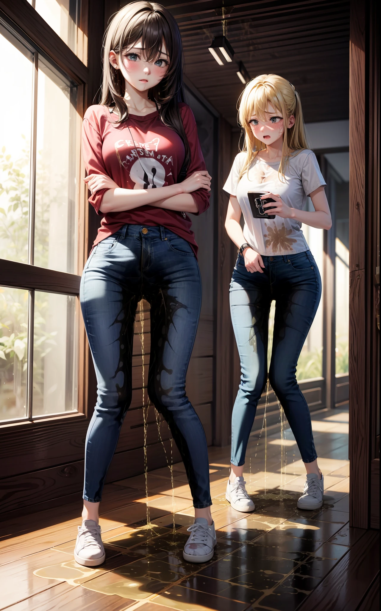 masterpiece, best quality, high resolution, (3girls), 20 years old, (blue jeans pants), full body, blush, worried, park, ((((((pee stain))))))