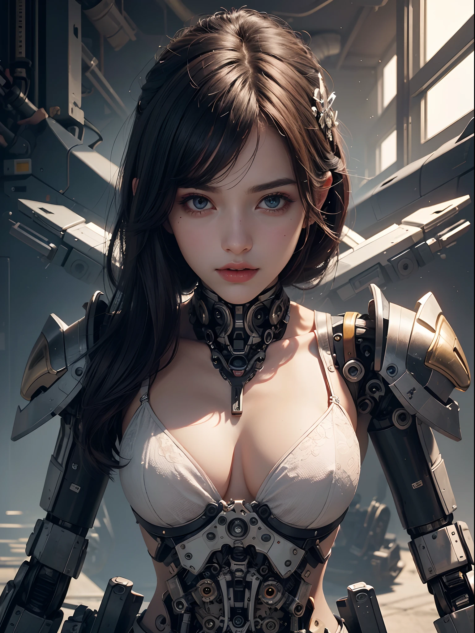 Unbeatable masterpiece, Ultra photo realsisim, Perfect artwork, Intricate details, Best quality, Strong light,(Original) , (Very detailed wallpaper) ,very detailed illustration , (1 girl) .Beautiful eyes , (Delicate face) , Perfect details , ((mechanicalparts)) .Mechanical spine , mechanized ,future , Wide hips , Laboratory ,((Mecha)) , Stylish energy \(module) .repairing , (Female Giant 1.4) , The surrounding scene looks small , The protagonist gets bigger , ( The protagonist gets bigger , ( The surrounding scene has become smaller，Make the main character bigger 1.) ,(The scene becomes smaller by 1.2) (best illuminate) , (super complex detail)