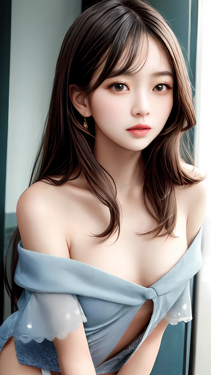 Fashion trendy beautiful and charming woman, gentle and charming Chinese beautiful woman, Korean(kpop-idol), delicate and sexy collarbone, charming oval face, double eyelids, smart [peach]blossom eyes, pink lips, small nose, bare shoulders, focus on the face, close-up of the face, Ultra-high-definition, super-detailed, the ((loose)), white off-the-shoulder shirt perfectly echoes the light blue high slit miniskirt, (chest cutout). ((black)lace panties), fresh and impressive, Natural(medium breasts:1.25), (nsfw:1.2)