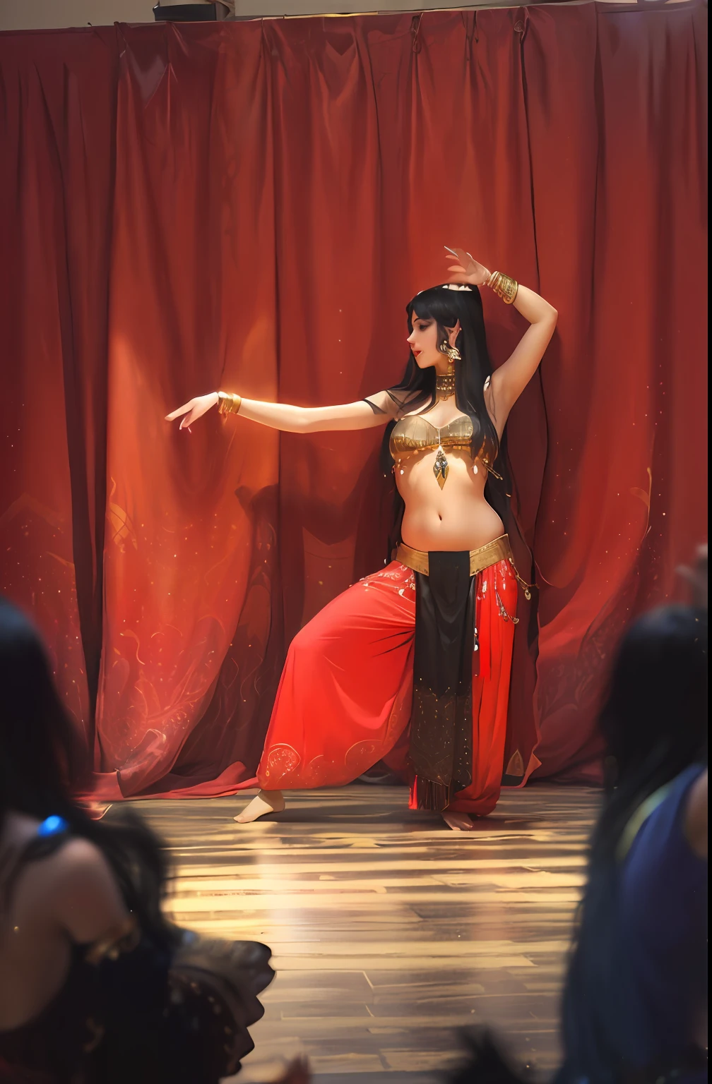 Alafe berry dancer in red pants and gold top, Belly dance, She is dressed as a belly dancer, Graceful poses in belly dancing, female dancer, dancer, David Burton Richardson, Arabian, orientalism, Hannah Tompkins, by Kathleen Scott, lower back, year 2447, Samuel Scott, Tribal dances, Beautiful