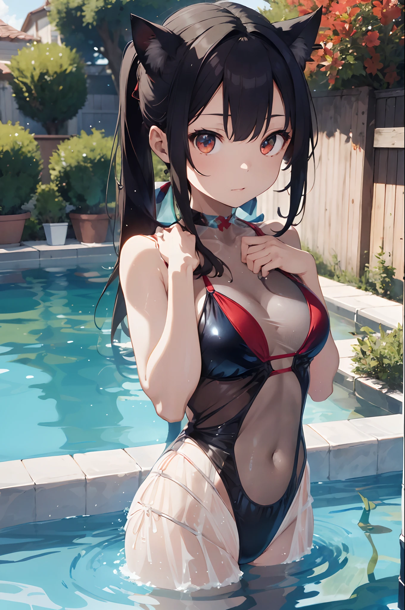 Beautiful fece, masterpiece, top-quality, hiqcgbody, animesque, 1girl in, Medium chest, The bikini, (transparent transparent red swimsuit), portrait shot, Look at viewers, Partially submerged, Outdoor pool, (silber hair),(Feline ears),poneyTail,wetted skin, intricate detailes,>,((coverd)