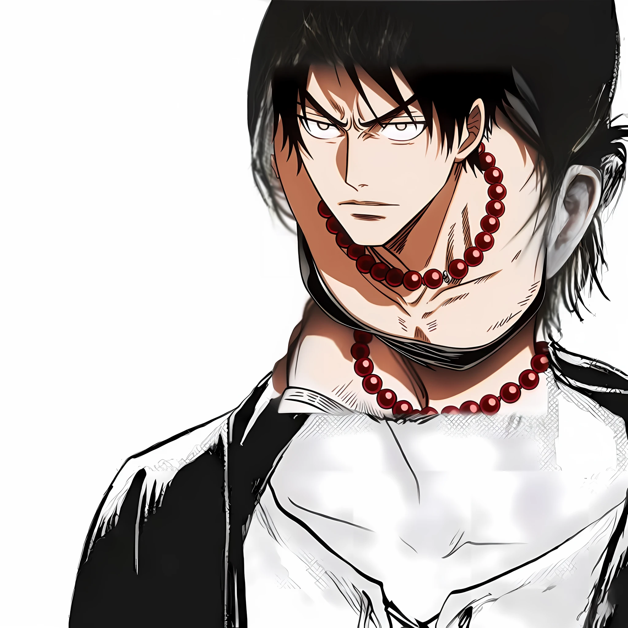 Close-up of a man in a shirt and necklace, style of hajime isayama, Levi Ackerman, A scene from the《attack on titans》, kentaro miura manga art style, Eren Yeager, kentaro miura manga style, manga style of kentaro miura, portrait of eren yeager, in berserk manga, SNK color