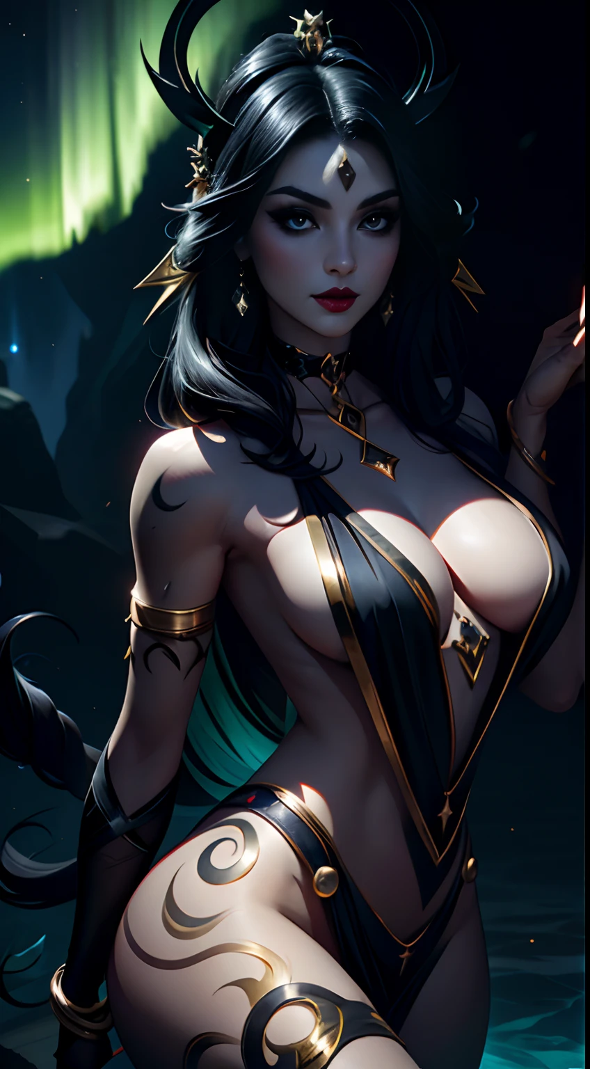 Model: long wavy black hair, full dark lips,Curvy Body, big thighs, big breastes, black shiny body, Smoky eyes, BREAK, Setting: Room with black color, Broken glass,multicolored neon crystals, BREAK, bodypaint: Polychromatic geometric patterns, Torso cover, Arms and legs, BREAK, Accessories: Chrome-plated chains with torn body, Silver Choker, black feathered white black wings, Naked, Topless, naked body,BREAK, the pose: on a bed, looking forward, truth, Magic, Magic, wolf ears, Wolf, up close, northern lights, spectrum. apaixonado, Dark Elves. 🧘🏻♀️👁️⛩️soror 🌬️mystica 🩸✨occult dmt🪬dream 👁️goddess of Love🥀🔑🚪moon, ...............key, starry, secret, Heart, 100mm wide-angle lens1 beautiful devil woman from hell, around dark: 1.6), photo realism, dinamic lighting, Artstation, Poster, voluminous lighting, Very Detailed Faces, 8k ultra, Awarded, around dark, deep shadow, Discreet key, cowboy lens, hairlong, black hair, bust, luxury palace, Royal style, devil's crown, Eye makeup is very clear and detailed, The most beautiful face, The breasts are very large, round & round, super realistic, Adorable smile, The eyes are very well made up, guweiz, devil style, Tail with bow, tied at the back of the head, Red-black lips, Skull tattoo on the shoulder, She is undressed, Topless, Naked, teats, Halo of milky deleuze, the landscape is overcast and thunderous, (portraite of a), Close-up of main character, (Background details 1.8),