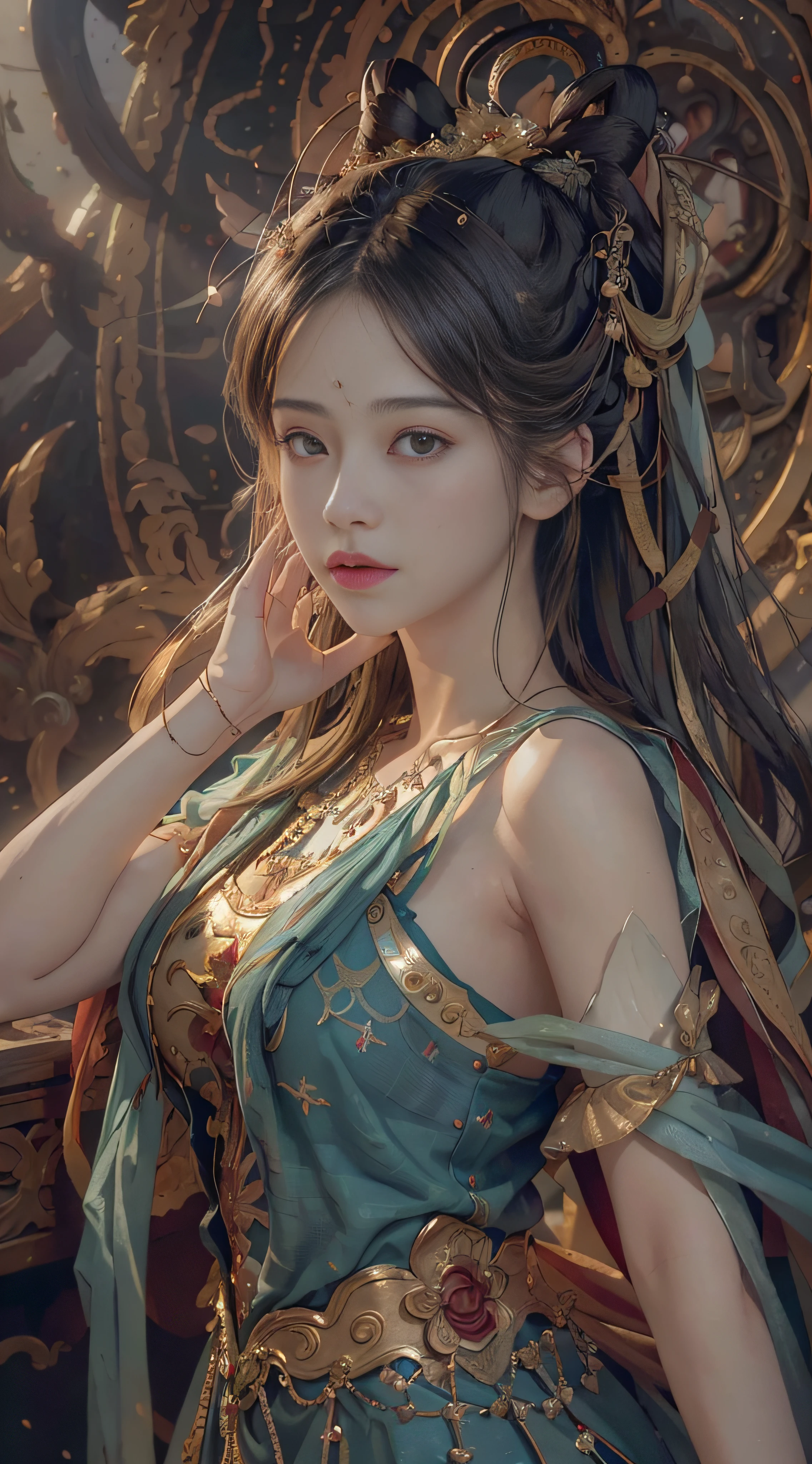 (RAW photo, best quality), (realistic, photo-realistic:1.3),best quality,highly detailed,masterpiece,ultra-detailed,illustration,1girl,upper_body,dynamic angle,world masterpiece theater,messy_long_hair,best quality,extremely detailed CG unity 8k wallpaper,ink,Amazing,cinematic lighting,lens_flare,,dunhuang_style