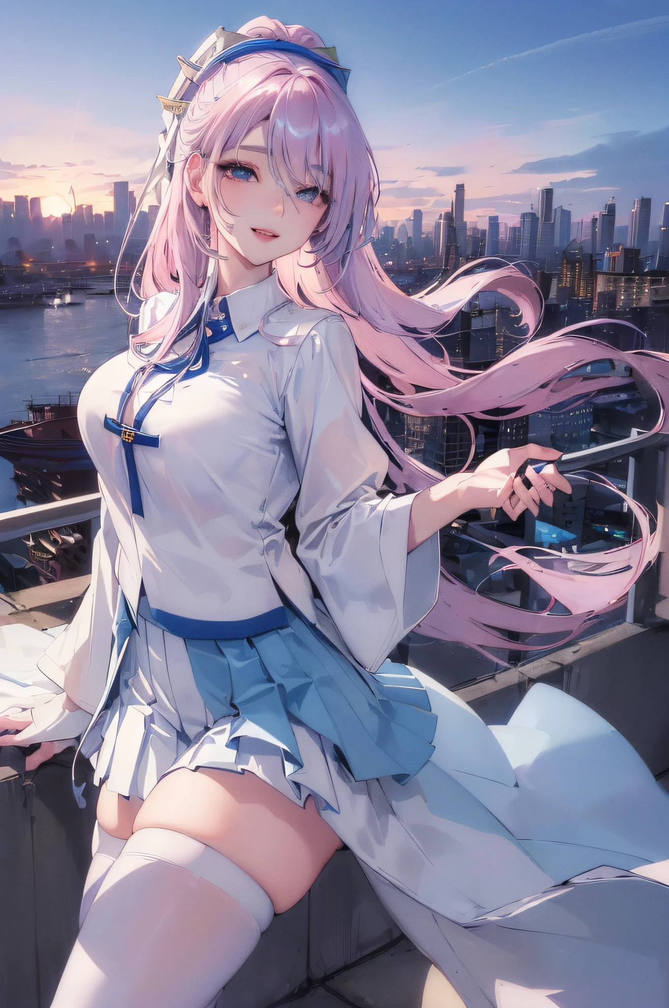 official art, masterpiece, sharp focus, (beautiful gorgeous cute Korean woman:1.3), (beautiful cute korean:1.3), korean beauty, Delicate and beautiful hair and eyes and face, realistic, ultra detailed, beautiful girl, blue sky, glow white particle, (sidelighting:1.2), sun light, white cloud, detailed clouds, slender, Lovely very large breasts and very large hips, smile with teeth, ((smile with eyes, open both eyes)), scenery, long straight hair, sexy facial expression, building, (cityscape:1.7), dynamic hair, long straight hair, detailed platinum pink hair, glow blue eyes, (blue pleated shirts + white skirt), white long socks, pale skin, hair ornament, epic scenery,