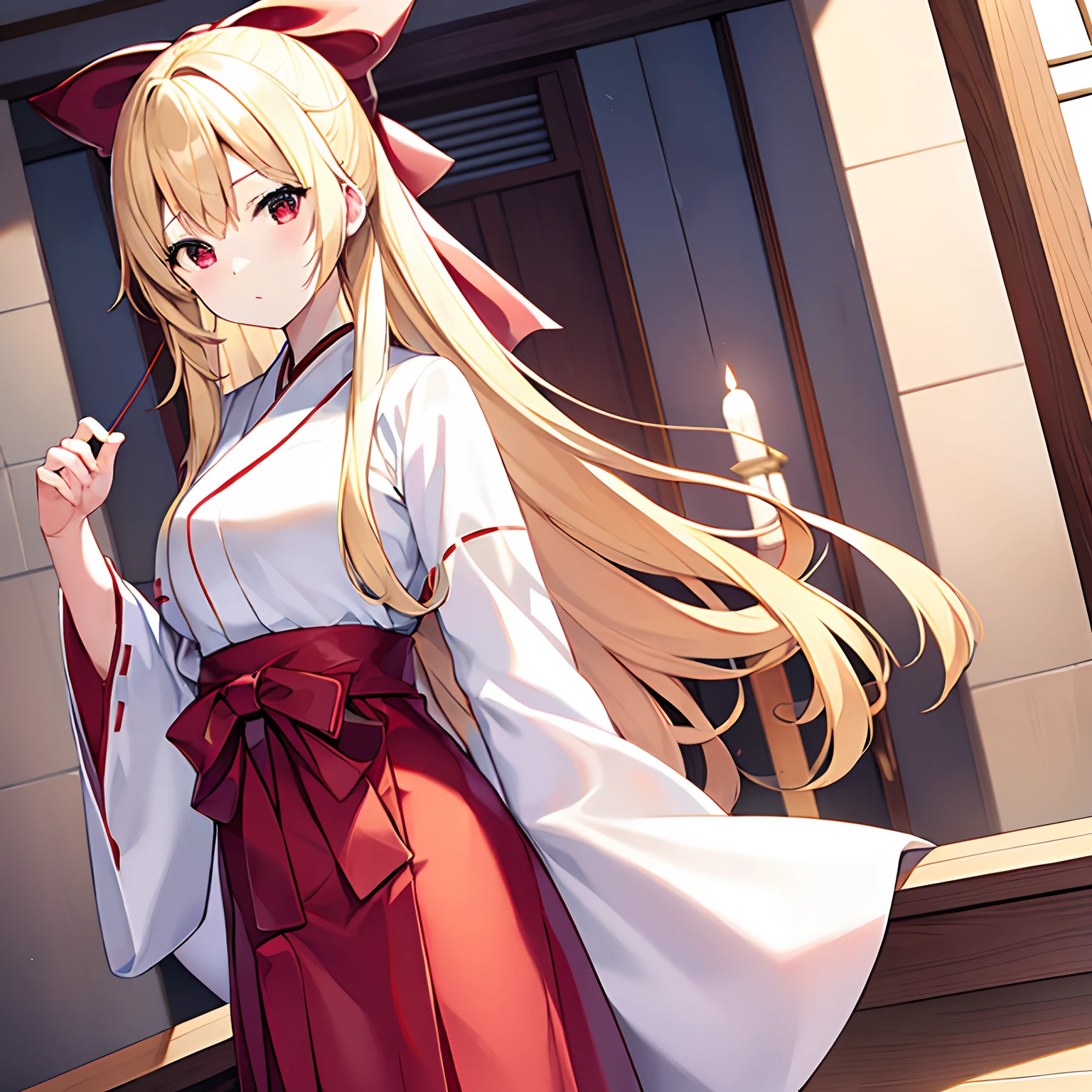 a blond、red eyes、Beautiful girl alone、独奏、animesque、White priestess uniform、Red Hakama、bow and arrow