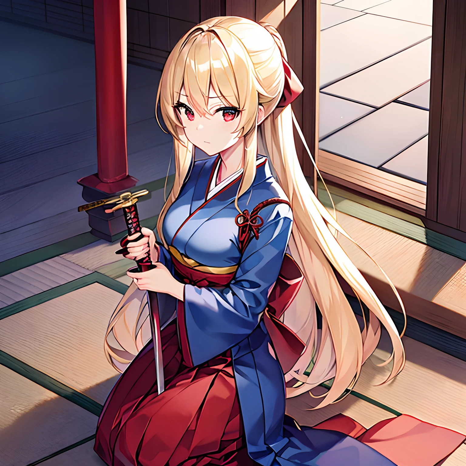 a blond、red eyes、Beautiful girl alone、独奏、animesque、Dark blue hakama、Japanese Katana Sword