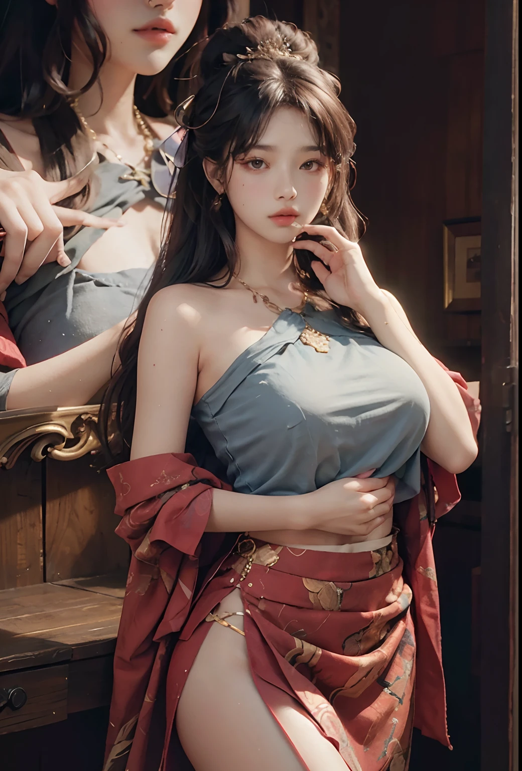 （hoang lap，A high resolution，ultra - detailed），1girll，Shy，is shy，Gentle and sweet girl，Complicated details，enlarged textures，Complicated details，Fine eyes and detailed face，Complicated details，whaite hair，Fluttering hair，Clothes cover your hands，Hands covered，huge boob，perfect boobs，areola of breast，（Keep one's mouth shut），（perfect  eyes，Equal eyes），Transparent clothes，cropped shoulders，nabel，Superskirt，Ultra photo realsisim，photograph of-realistic，