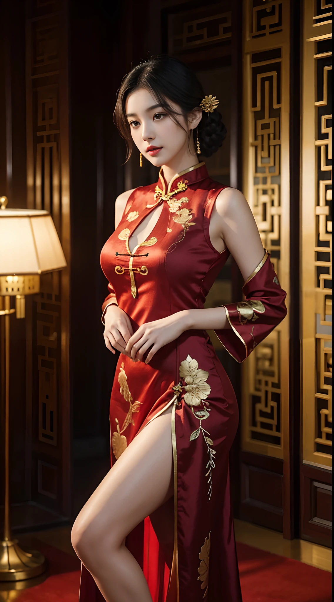 tmasterpiece,one-girl,Black hair,Beautiful face,Gold phoenix earrings,curlies,Wears a red cheongsam with a high slit,The cheongsam is embroidered with peacocks,and Lotus,Extremely delicate and gorgeous,Bare thighs,Large chest,The background is inside a Chinese-style building,Antique,Movie lighting,one-girl,full bodyesbian
