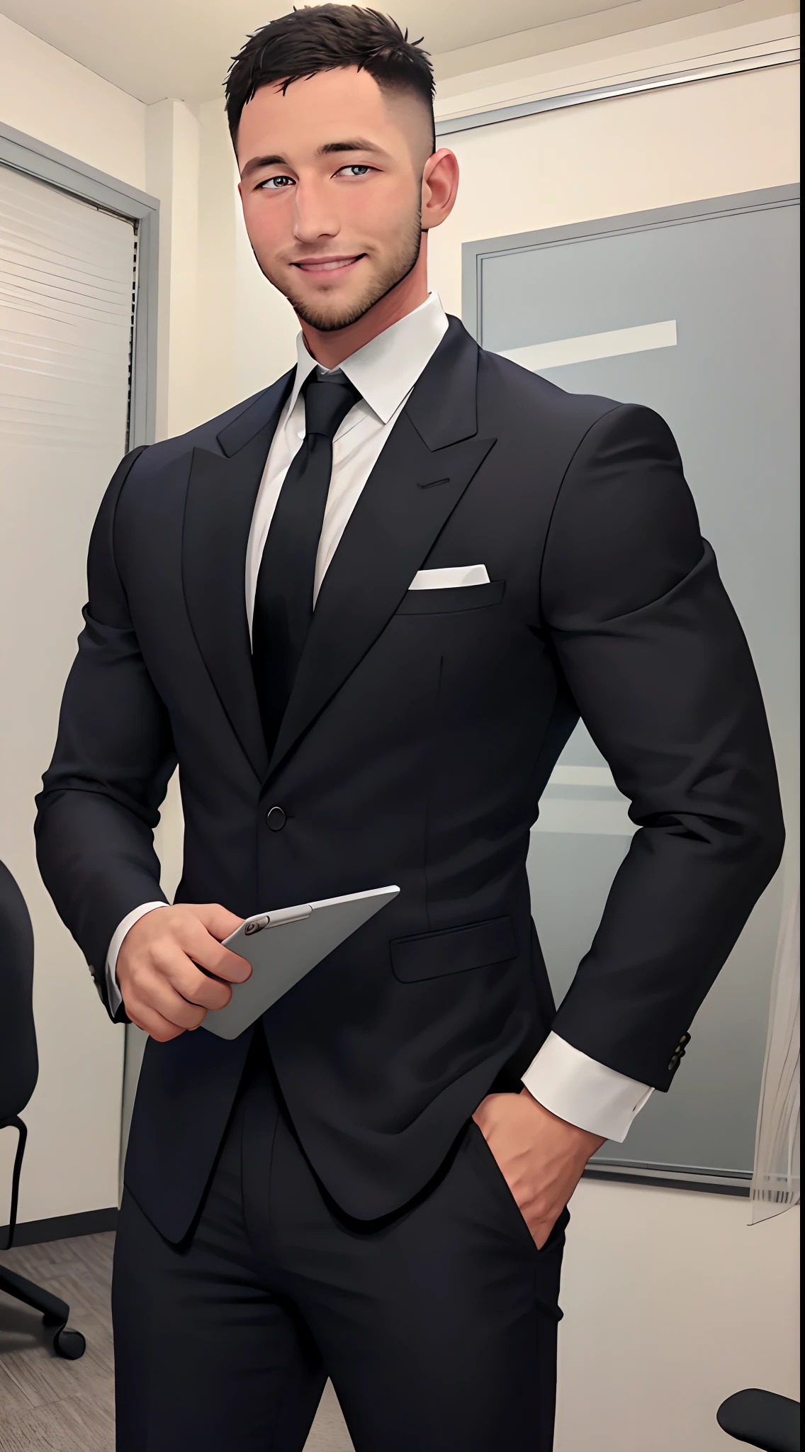 1 handsome uncle，Short hair，With a short beard，Chubby figure，large pecs，holding laptop，Enchanted smile，mature，in a office,Crew cut, In black suit, White tie, janelas,Cityscape,full bodyesbian, 36 years old male,[plump],[Chris Redfield],