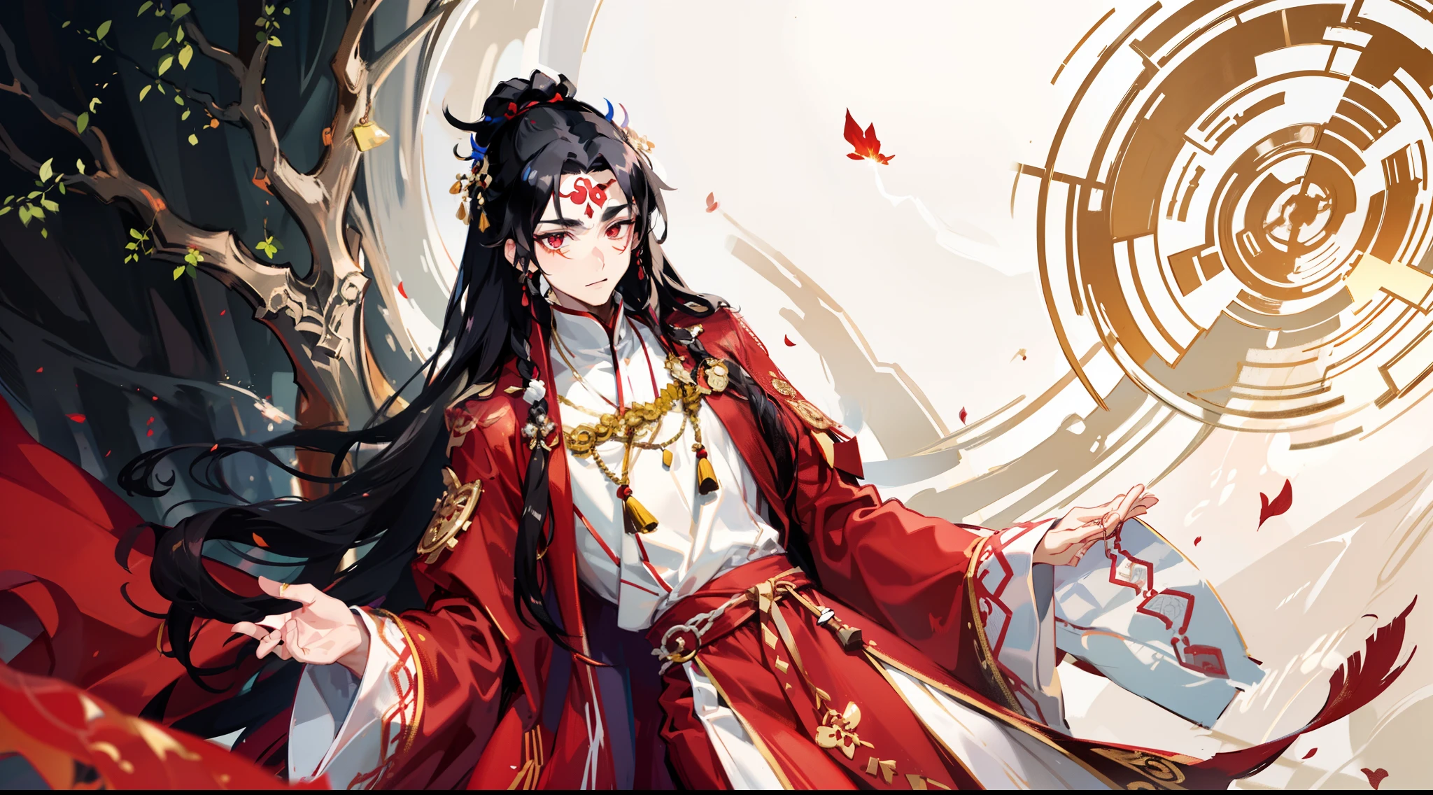 Red clothes,quadratic element,theelementoffire,Magic Array,Spell,Medium build,Height about 1.80 meters tall. He has flowing jet black hair,Hang all the way to the shoulders。, Shines a fiery red glow. His thick, unkempt hair exudes a wild and free-spirited vibe. A few strands of stray hair lightly covered his slightly narrow forehead, Add to his mysterious touch.
His eyes were deep and bright, The pupils are mesmerizing shades of red, Like two fiery rubies. He defines it clearly, Arched eyebrows accentuate his firm personality.
Bai Chenyan has a straight and delicate nose, Has a sharp silhouette. His lips are well defined, Slightly upturned, Exudes a touch of determination and confidence.
He wears a simple and stylish red robe,Highlight his physique. The clothes fit snugly against him, Show his handsomeness. At his waist, He wears a silver-white silk belt, Rocking gracefully with his movements.
Overall, Bai Chenyan's appearance exudes wild and mysterious allure. His messy black hair, Pair it with bright red eyes, Make him a fascinating and unique character in the world of anime and manga.