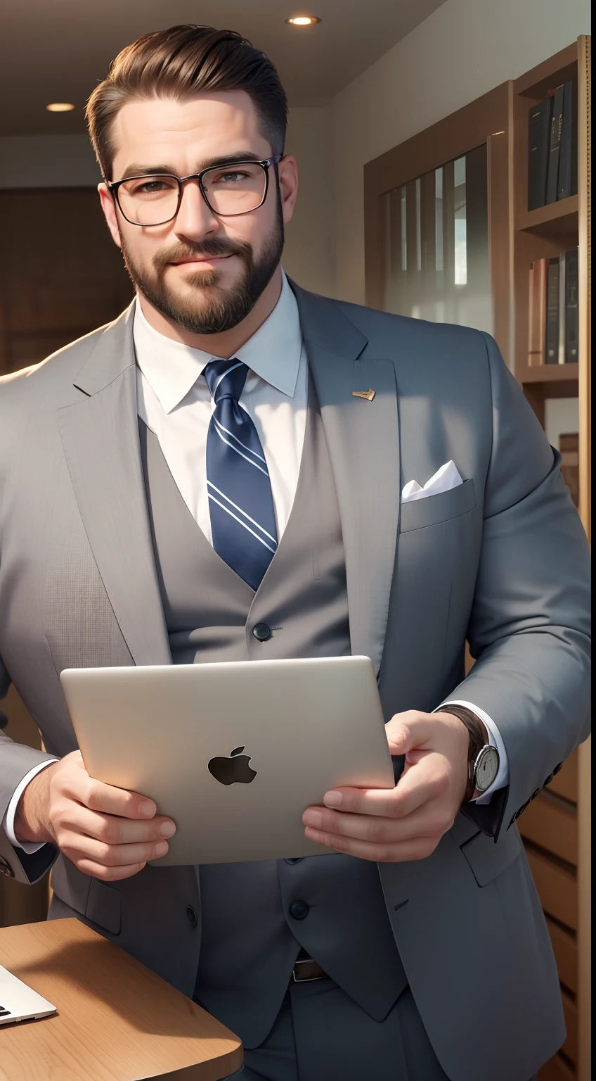 epic realistic，photore，1 Handsome uncle，buzz cut，Beard，Wearing glasses，Chubby figure，large pecs，Wear a professional suit，holding laptop，Enchanted smile，Mature man，tmasterpiece，full bodyesbian