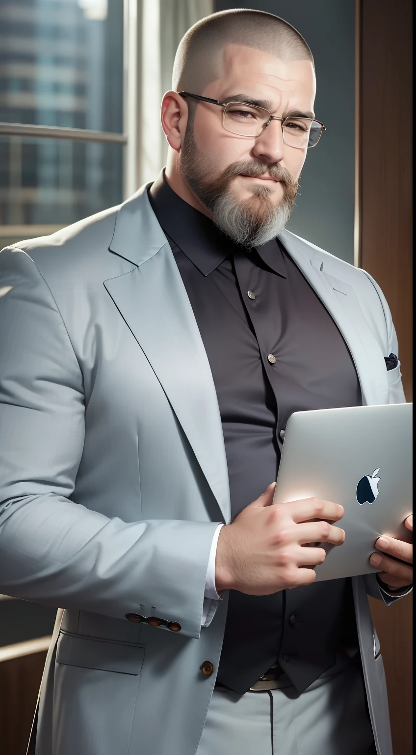 epic realistic，photore，1 Handsome uncle，buzz cut，Beard，Wearing glasses，Chubby figure，large pecs，Wear a professional suit，holding laptop，Enchanted smile，Mature man，tmasterpiece，full bodyesbian