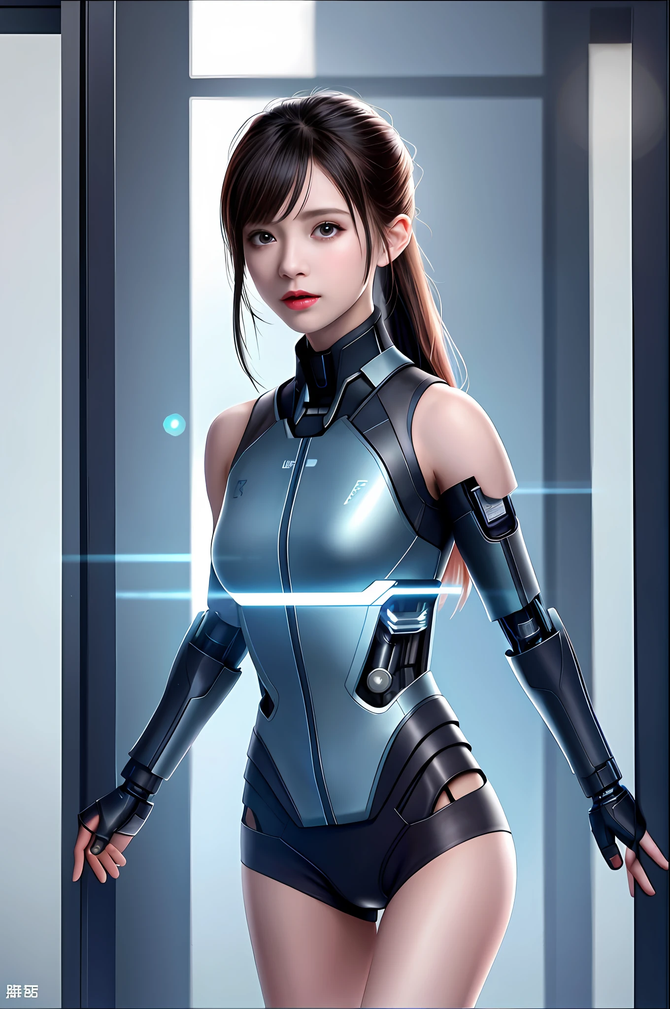 dystopian， [sci-fy]， High-detail RAW color photos， full-shot， 's （cute female arterial intelligence， cybernetically enhanced）， inside in room， standing on your feet， （In a cryogenic chamber， In a state-of-the-art cyberpunk research facility）， Toned physique， （Small lively breasts， Normal， big assa，pony tails （paleskin）， （cybernetic implants：1.2）， （enhancer）， （cyborg people：1.1）， （Detailed skins， Diffuse of skin pores）， silica gel， metals， （highly  detailed， finedetail， 复杂）， （lens flare glow：0.4）， （flood：0.4），diffused soft lighting，Ray traching，shallowdepthoffield，（Oliver Waite），taken on a Canon EOS 5D，90mm micro lens，f / 8，Clear focal length，Smoothness，Motion picture film，A scene from the《Blade Runner 2049》，[cyber punk perssonage：Dieselpunk：0.25]