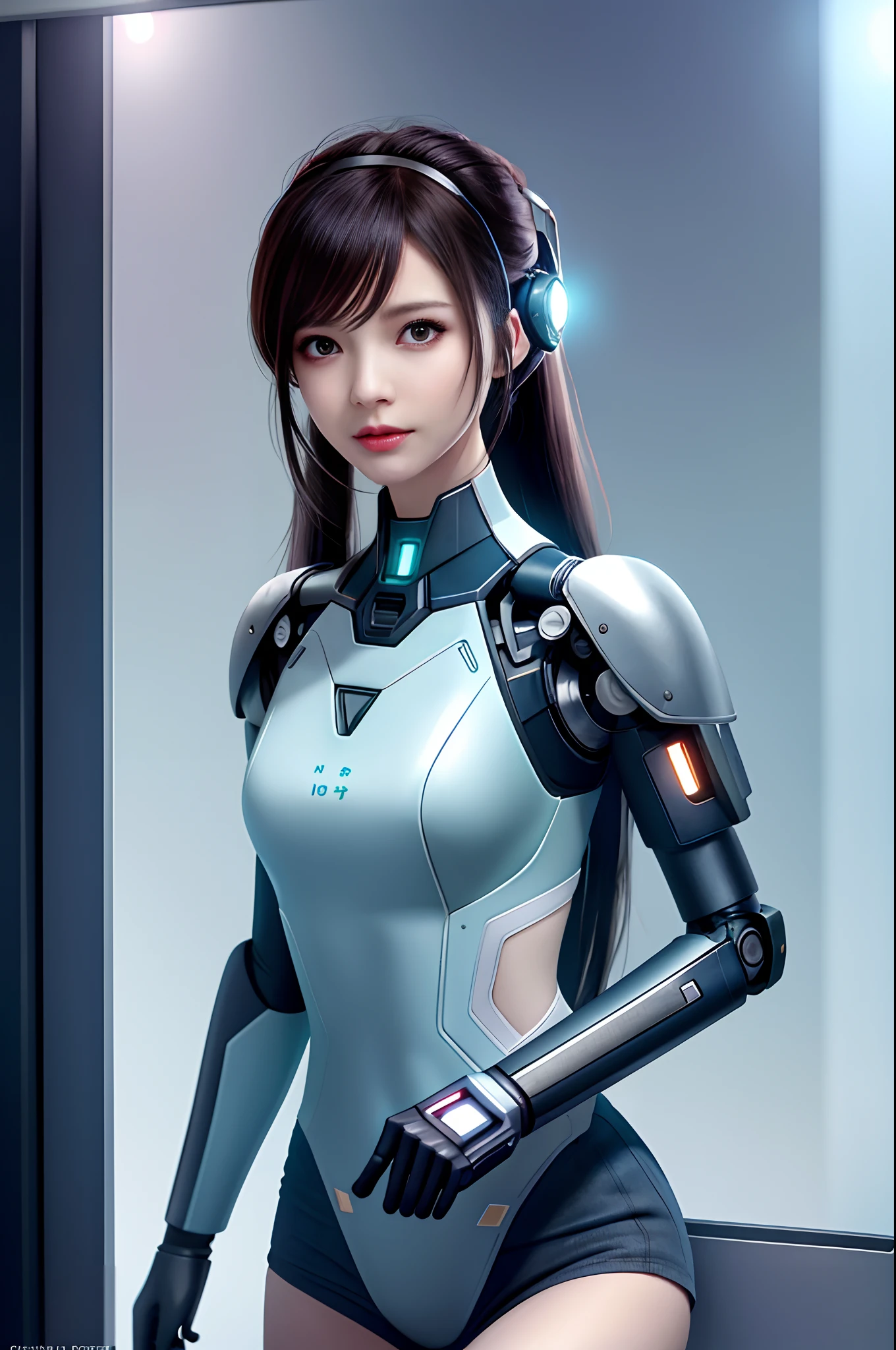 dystopian， [sci-fy]， High-detail RAW color photos， full-shot， 's （cute female arterial intelligence， cybernetically enhanced）， inside in room， standing on your feet， （In a cryogenic chamber， In a state-of-the-art cyberpunk research facility）， Toned physique， （Small lively breasts， Normal， big assa，pony tails （paleskin）， （cybernetic implants：1.2）， （enhancer）， （cyborg people：1.1）， （Detailed skins， Diffuse of skin pores）， silica gel， metals， （highly  detailed， finedetail， 复杂）， （lens flare glow：0.4）， （flood：0.4），diffused soft lighting，Ray traching，shallowdepthoffield，（Oliver Waite），taken on a Canon EOS 5D，90mm micro lens，f / 8，Clear focal length，Smoothness，Motion picture film，A scene from the《Blade Runner 2049》，[cyber punk perssonage：Dieselpunk：0.25]