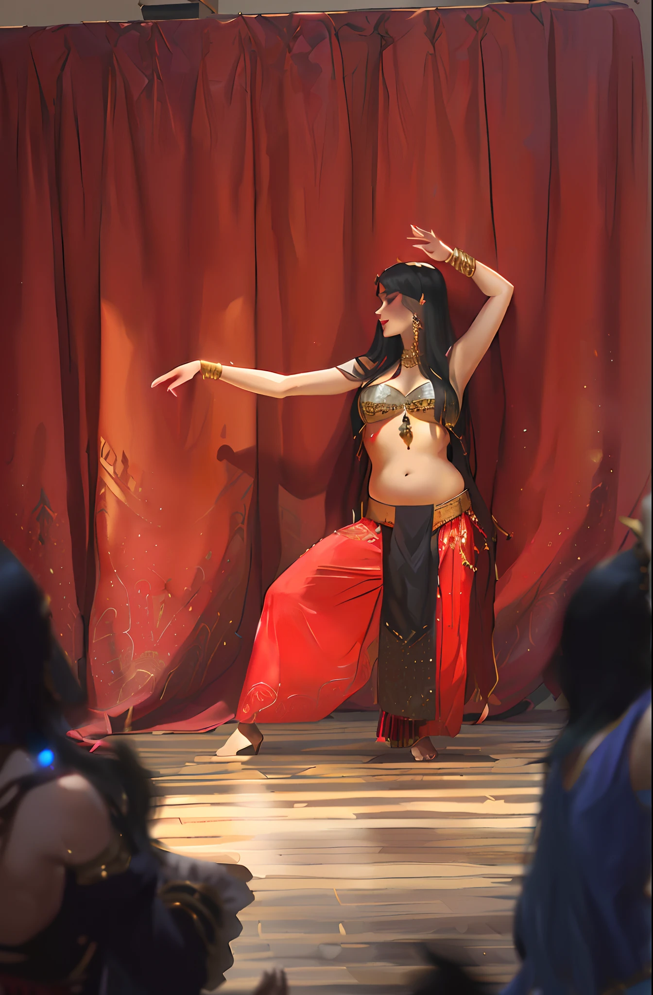 Alafe berry dancer in red pants and gold top, Belly dance, She is dressed as a belly dancer, Graceful poses in belly dancing, female dancer, dancer, David Burton Richardson, Arabian, orientalism, Hannah Tompkins, by Kathleen Scott, lower back, year 2447, Samuel Scott, Tribal dances, Beautiful