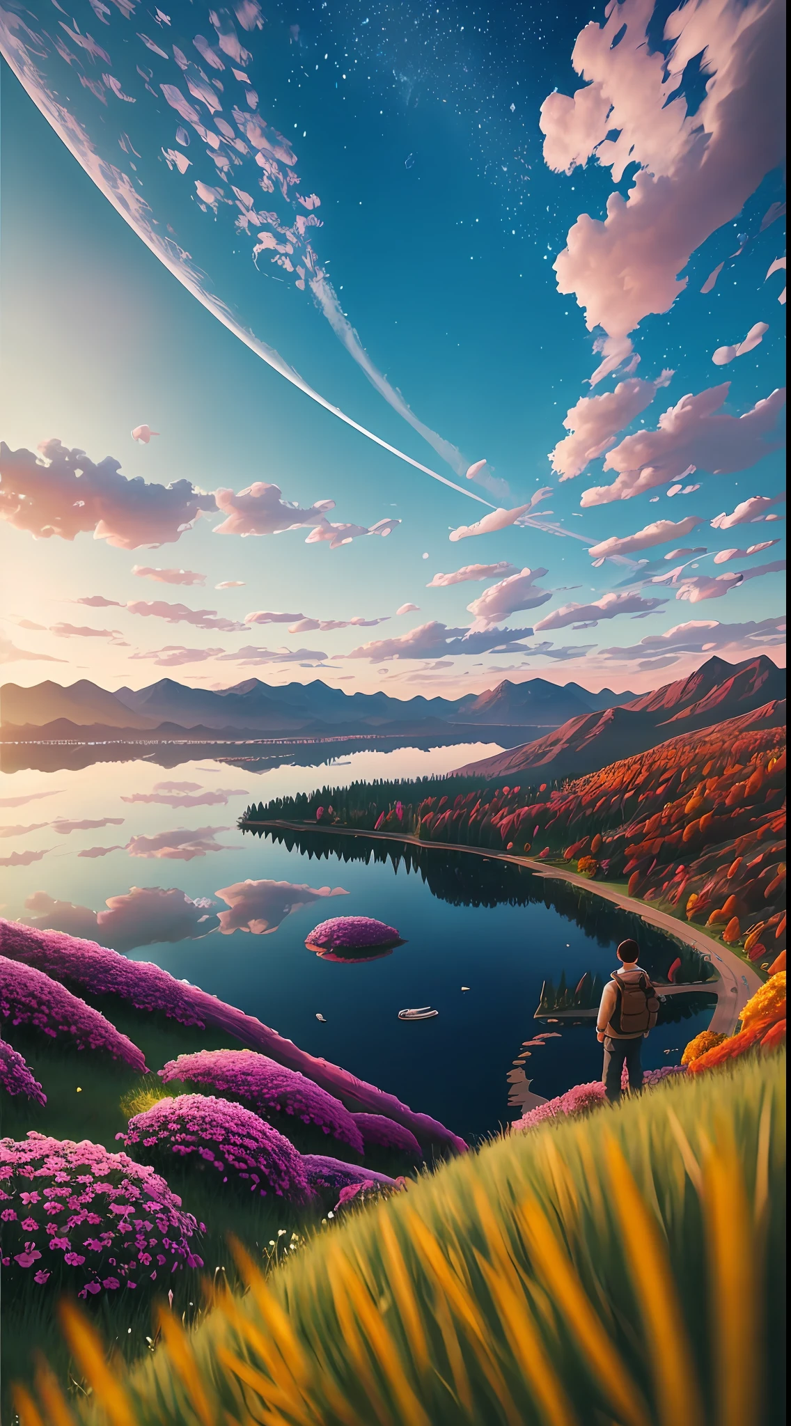 tmasterpiece,Best quality at best,high qulity,the Extremely Detailed CG Unity 8K Wallpapers,scenecy,exteriors,autumnal,Skysky,clouds,daysies,mont,scenecy,Eau,The tree,blue-sky,naturey,lakes,rios,Two old men climbing up,award winning photography,Background bokeh,depth of fields,hdr,blooms,color difference,真实感,The is very detailed,Trends on ArtStation,Trends on CGSociety,iintricate,high detal,dramatics,Midjourney Art