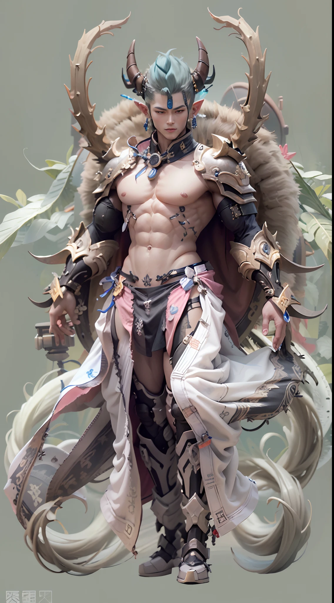 Model design,Tide play blind box,3D naked boy,GK, The whole body of the character,base,Wu Shixun,Raised sexy,coda,Long horns on the head,Transparent wings,Handsome cybernetic boy looking at camera lingerie detailed muscular reality masterpiece,musculous