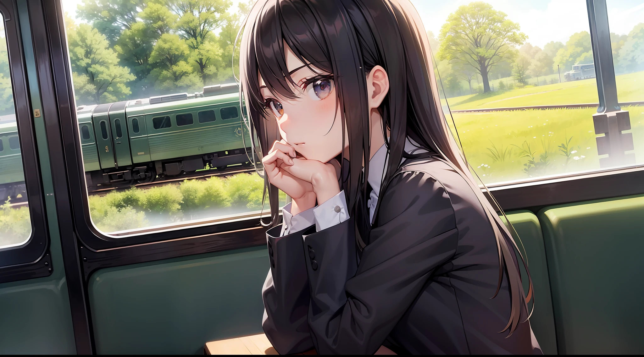 Detailed background,tree shade,ln the forest,fantasy,Train window,railroad tracks,the sideview,teens girl,Sit by the window,Hold your face with your hands,Exquisite light and shadow,black long straight hair,校服,Parallel perspective,Focus point,From the outside in