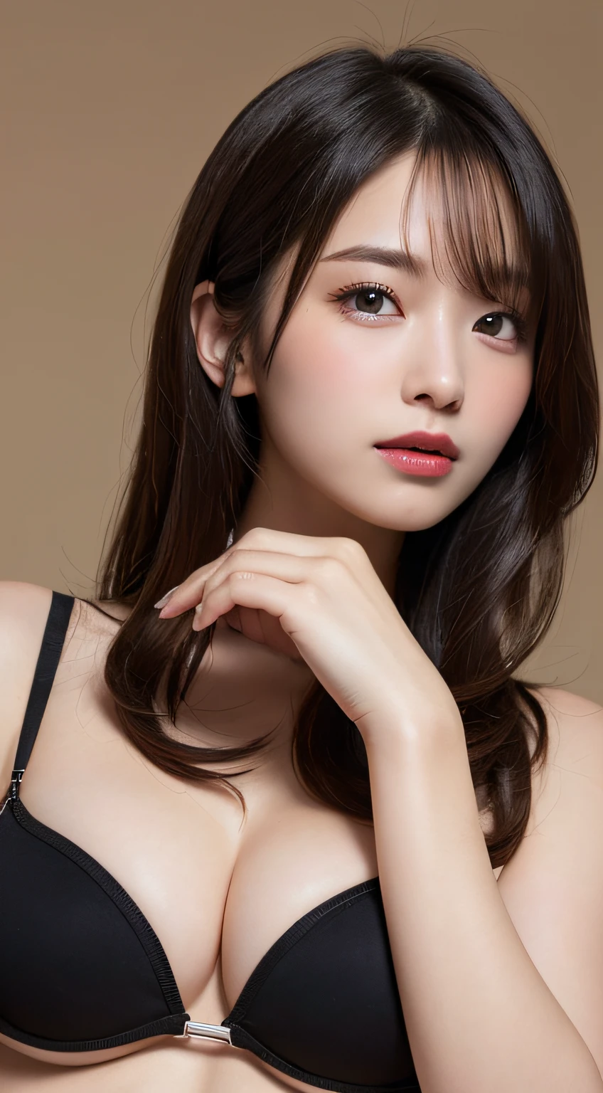 masutepiece, Best Quality, Illustration, Ultra-detailed, finely detail, hight resolution, 8K Wallpaper, Perfect dynamic composition, I am a photographer, She is a model, Beautiful detailed eyes, bikini of, Long hair, Big breasts, Natural Color Lip, Pose with hands on the neck