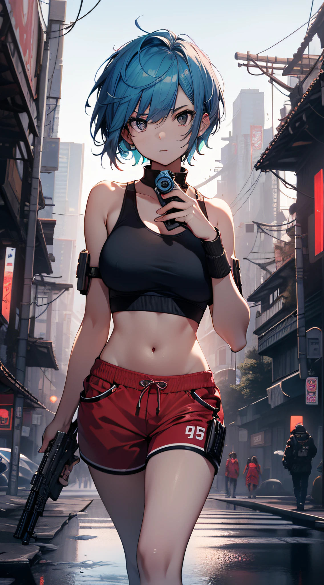 top-quality、top-quality、femele((、japanes、cute little、Blue-haired、short-cut、Blue Sports Bra、Red shorts、big bast、Bust 95、Serious face、Breasts wide open、Reflecting the whole body、A slender、Holding a handgun in his right hand、)),hiquality、depth of fields、Background with((Cyberpunk town))、Depth((Skyscrapers))