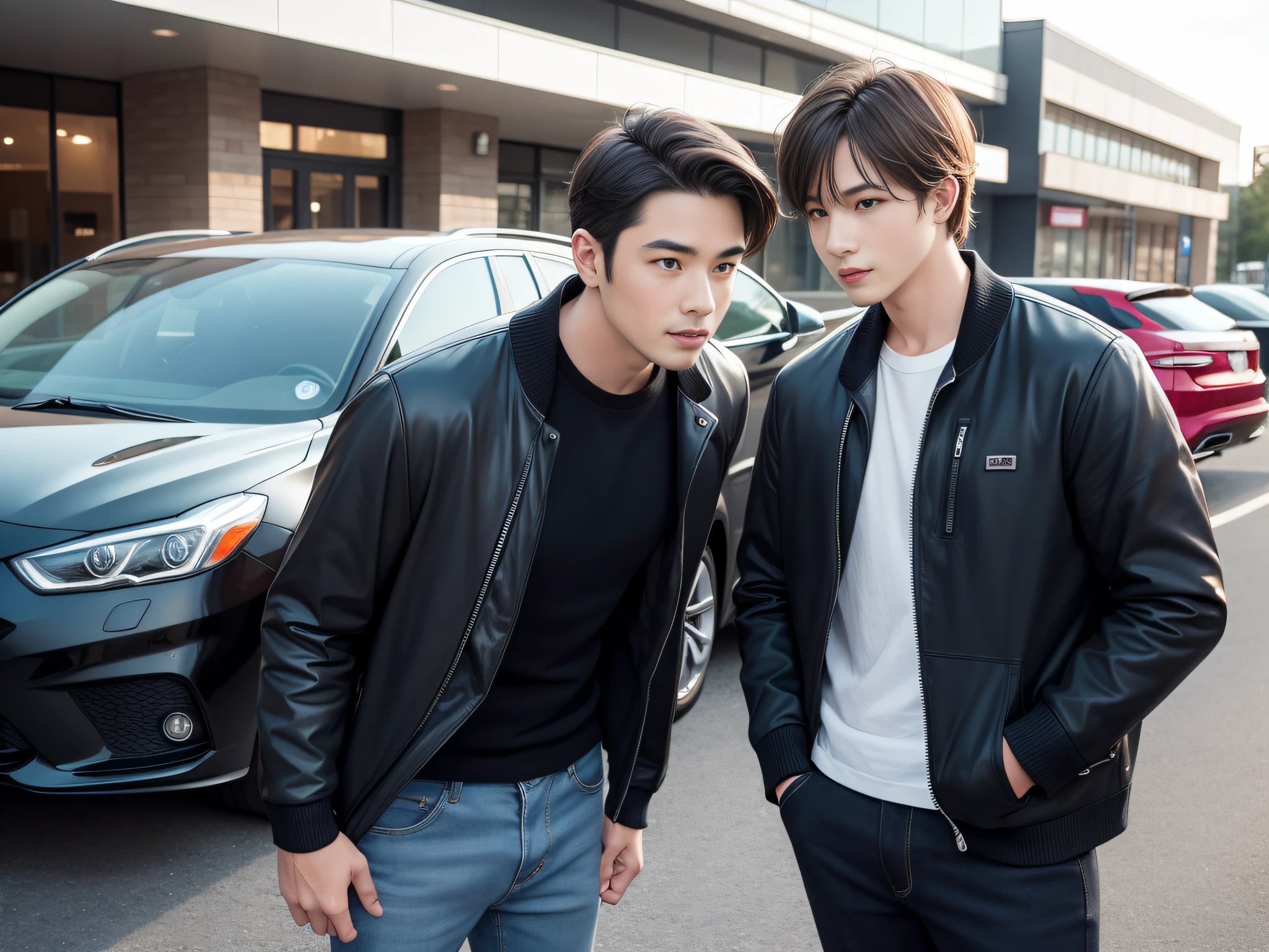 （Two men chatting），sface focus，Face the lens，sideways standing，Hands on the car，detailed face with，Casual wear，A car in the background，at the parking lot