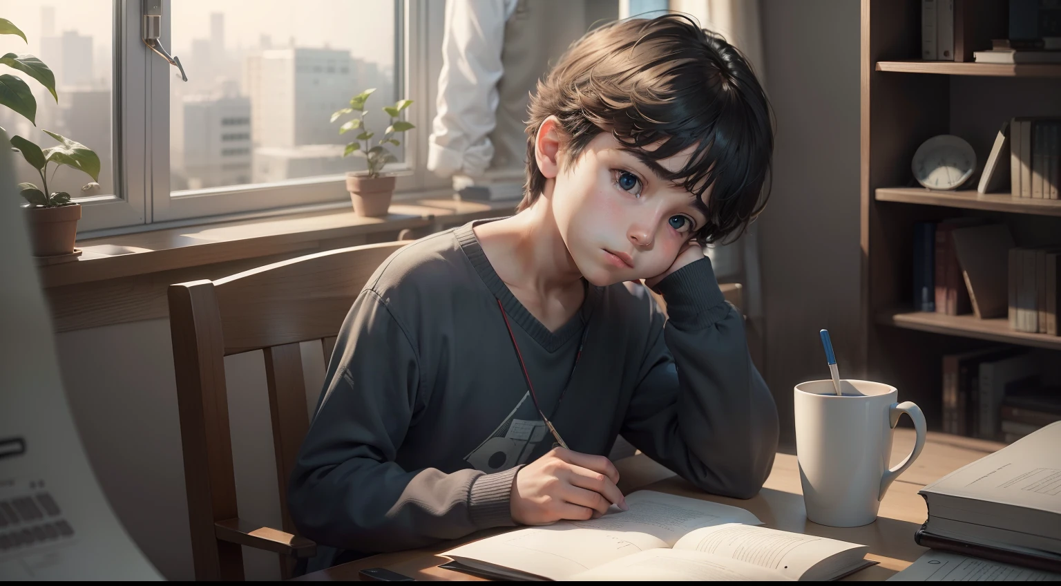 a young boy sitting in front of a computer procrastinating with a cup of coffee,books and notebooks spread out on his desk,ultra realistic 8k