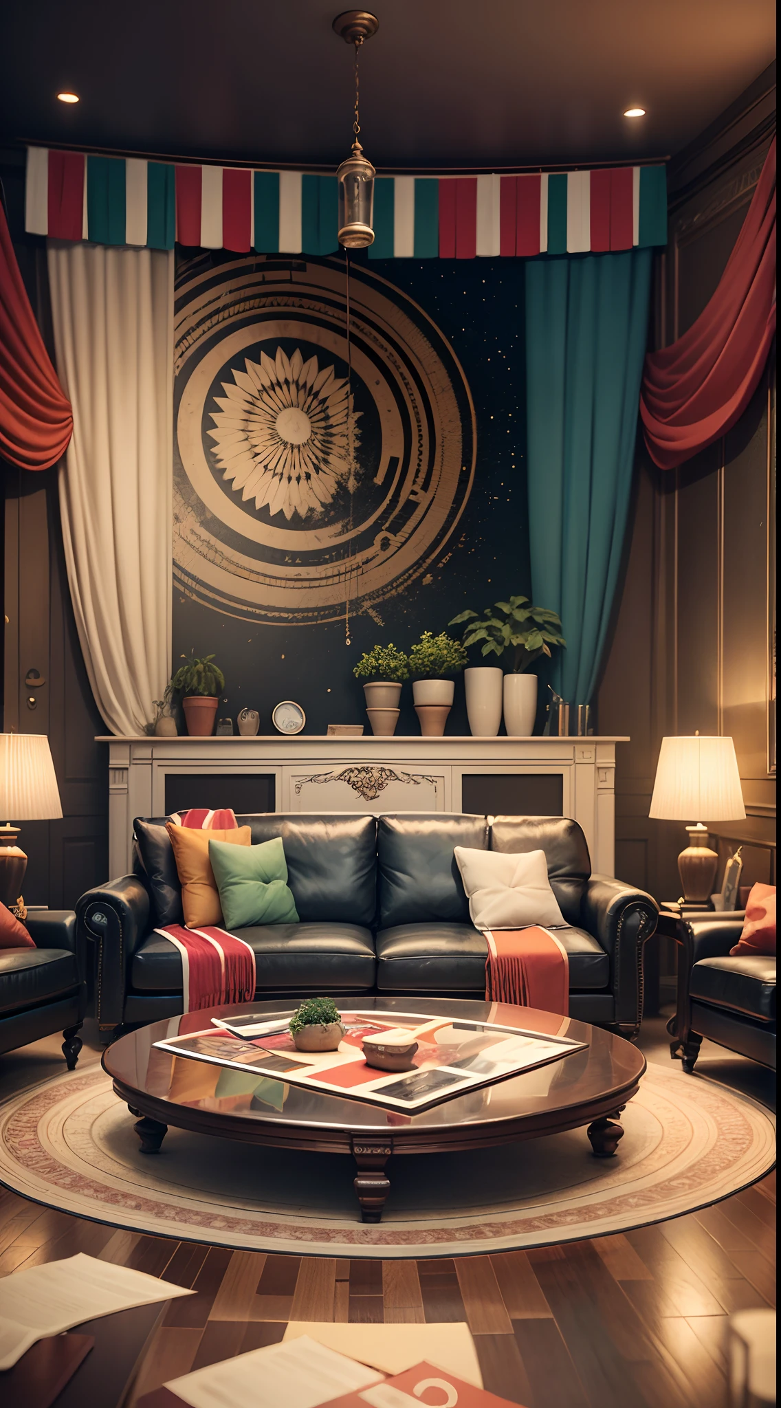 The living room of the Gupta family's home, tastefully decorated with tricolor flags, buntings, and patriotic motifs. A small stage is set up with a podium and a large Indian flag backdrop. The scene takes place on the morning of Independence Day.32k uhd,octane render, hyper realistic, –AR 2:3 –q 2 - --auto --s2