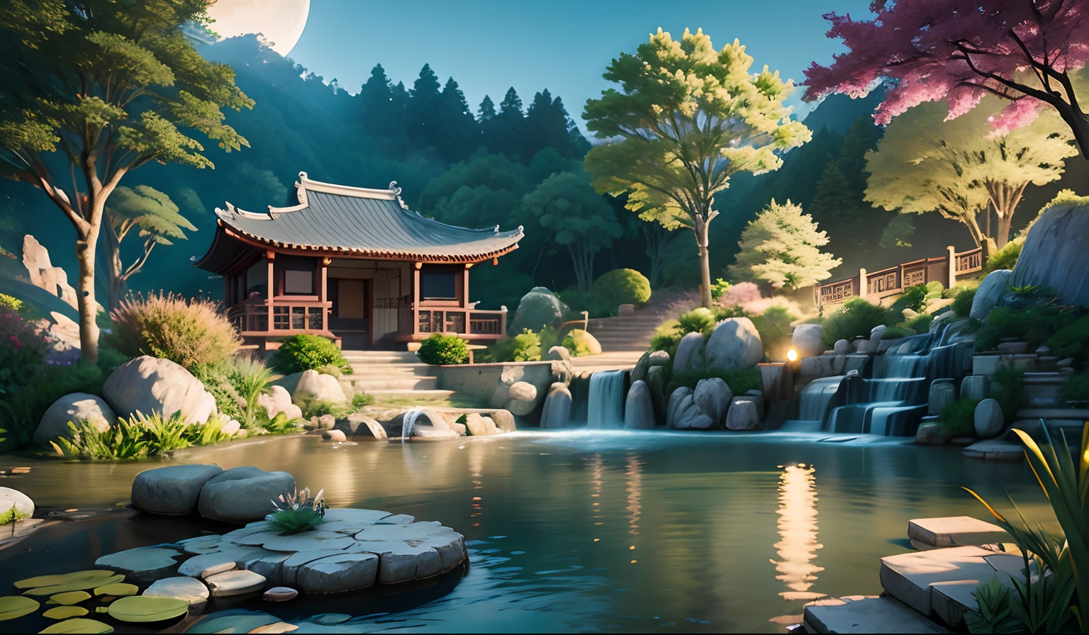 9:16 Full picture, ancient Chinese architecture, hazy moon, night, garden, bamboo, lake, stone bridge, rockery, arch, corner, rockery, tree, running water, landscape, outdoor, waterfall, grass, rock, water lily, hot spring , Water Vapor, (Illustration: 1.0), Epic Composition, Detail Enhancement, Detail Enhancement. Realistic lighting, HD details, masterpiece, best quality, (very detailed CG unity 8k wallpaper), (best quality)