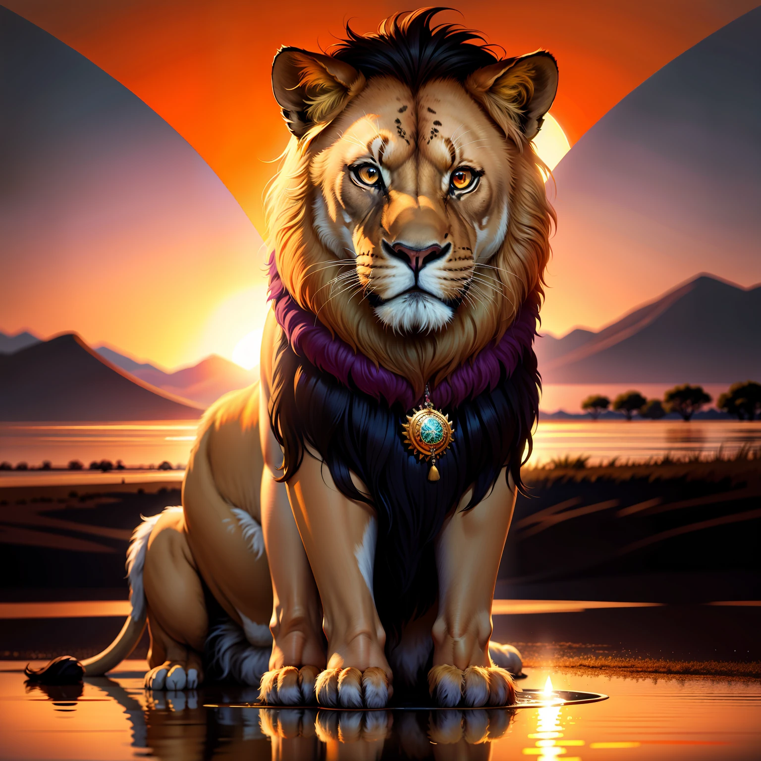 A majestic and majestic lion, sua juba dourada flutuando ao vento enquanto ele vagueia pela grama alta da savana. From a distance, The setting sun paints the sky in shades of fiery orange and deep purple, casting a warm and welcoming glow on the African landscape.with a medallion around his neck with the name motivation and reflection