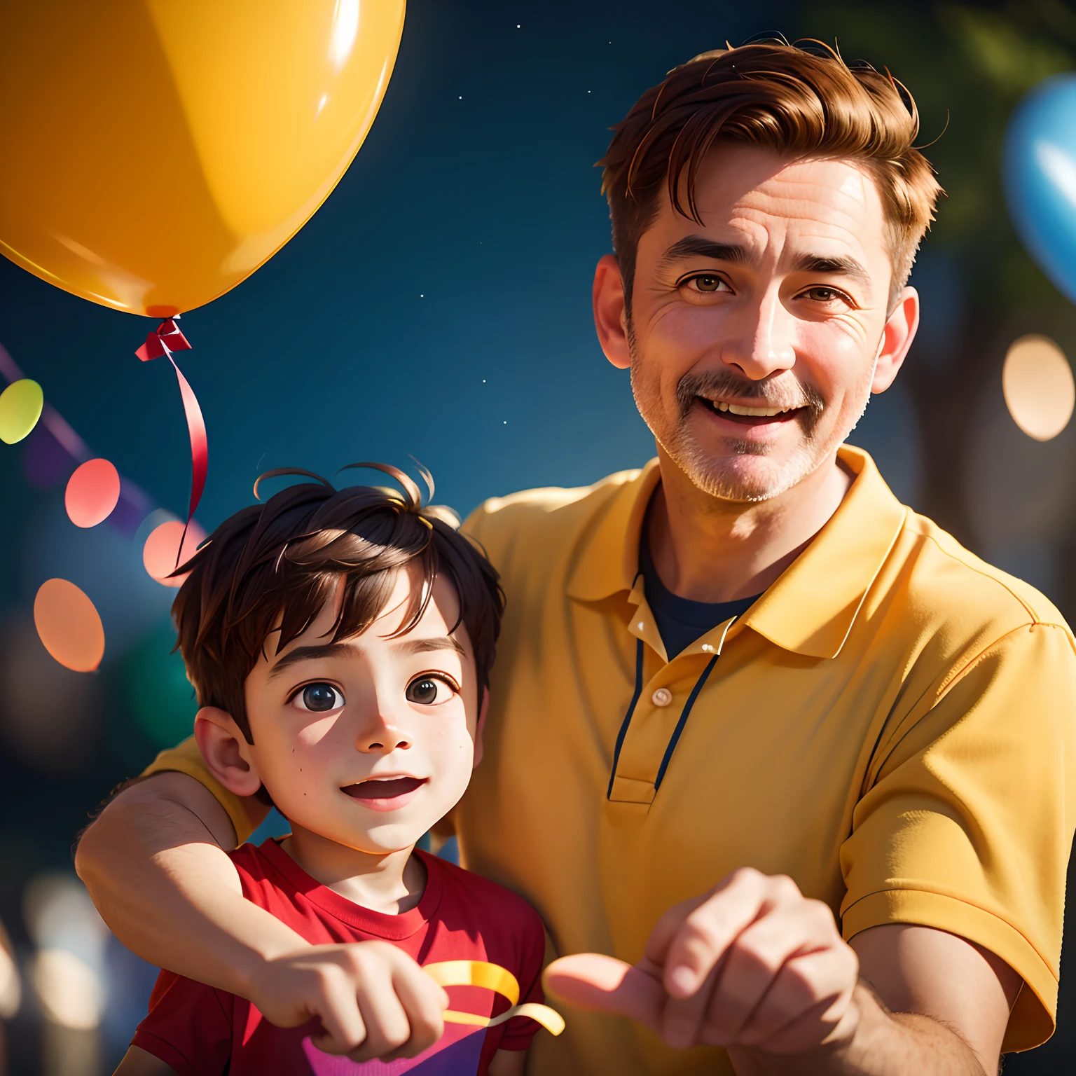 A father and son, father owes son's hand, Many balloons, happy, happy, perfect quality, clear focus (clutter - home: 0.8), (masterpiece: 1.2) (Realistic: 1.2) (Bokeh) (Best quality) (Detailed skin: 1.3) (Intricate details) (8K) (Detail Eyes) (Sharp Focus), (Happy)