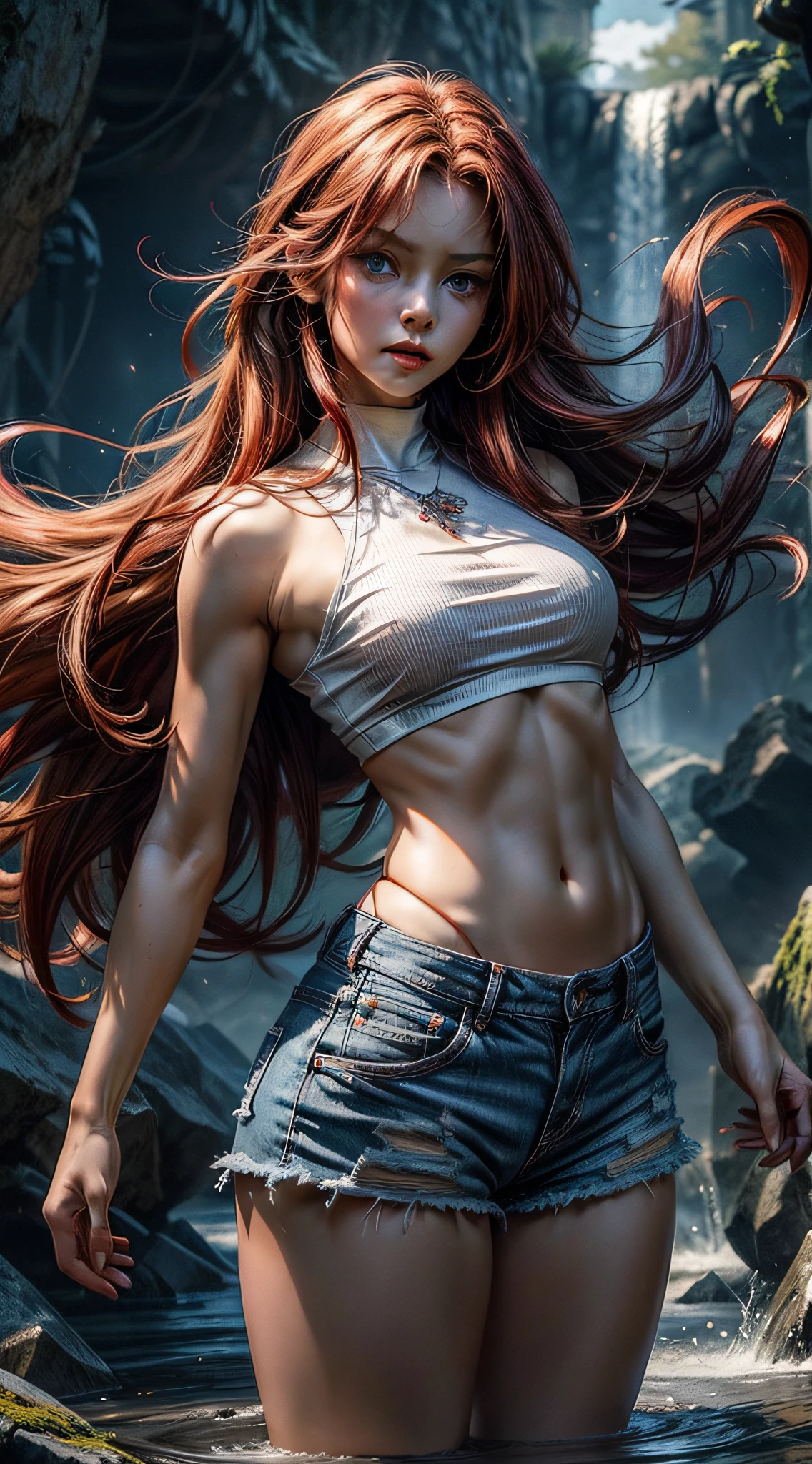 ((Best Quality)), ((Masterpiece)), (Detailed: 1.4), 8k, 1girl, blue eyes, red hair, very long hair, silky hair, big chest, slim waist, big body, defined body, thick thigh, well defined thigh. Wearing ripped micro shorts, babylook t-shirt. A concentration pose looking seriously at the viewer, low angle, view from the ground. Emitting a huge aura enveloping the entire body, a whirlpool of immense power enveloping the entire body, ki charge, intricate white aura with red aura.