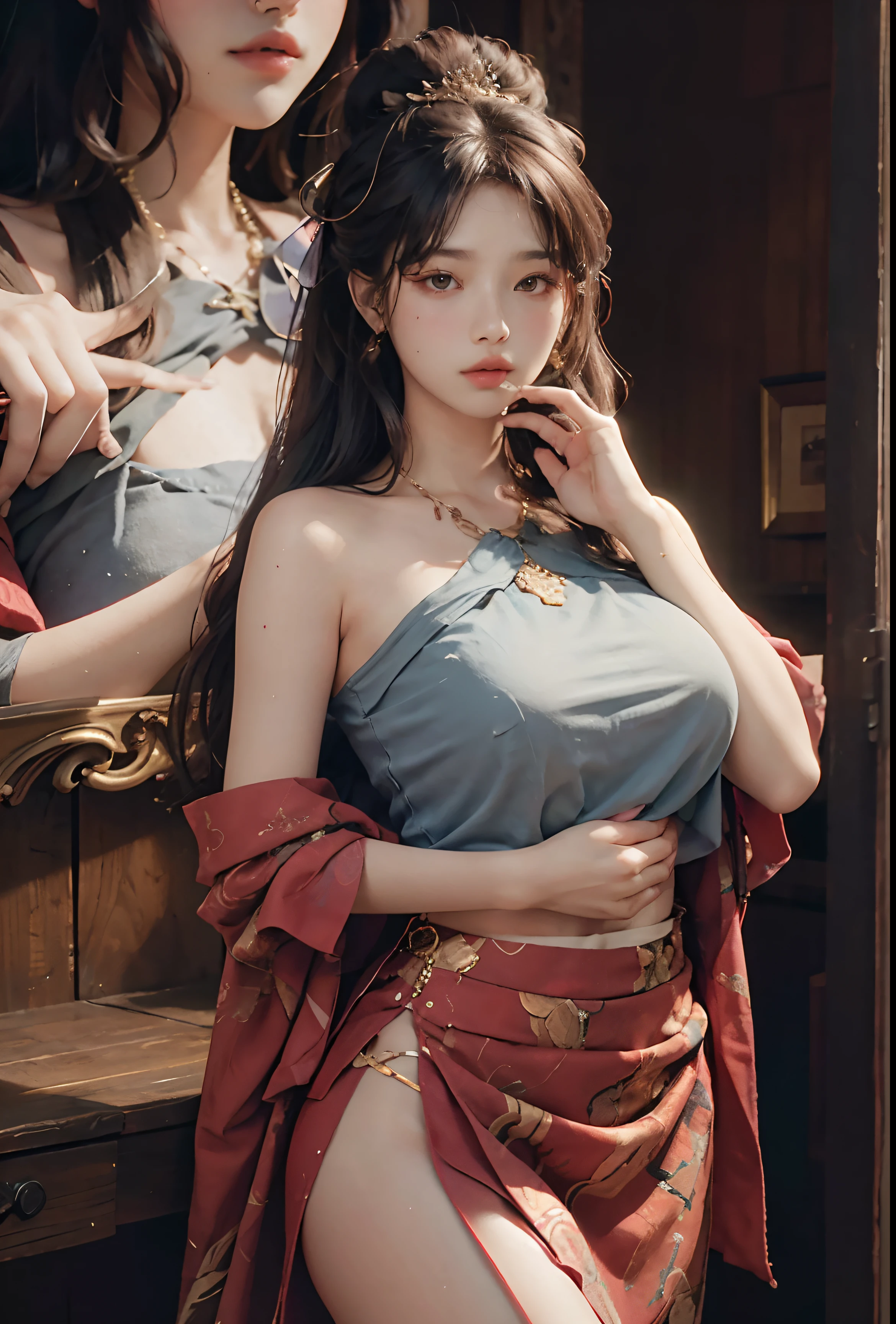 (hoang lap,A high resolution,ultra - detailed),1girll,Shy,is shy,Gentle and sweet girl,Complicated details,enlarged textures,Complicated details,Fine eyes and detailed face,Complicated details,whaite hair,Fluttering hair,Clothes cover your hands,Hands covered,huge boob,perfect boobs,areola of breast,(Keep one's mouth shut),(perfect eyes,Equal eyes),Transparent clothes,cropped shoulders,nabel,Superskirt,Ultra photo realsisim,photograph of-realistic,
