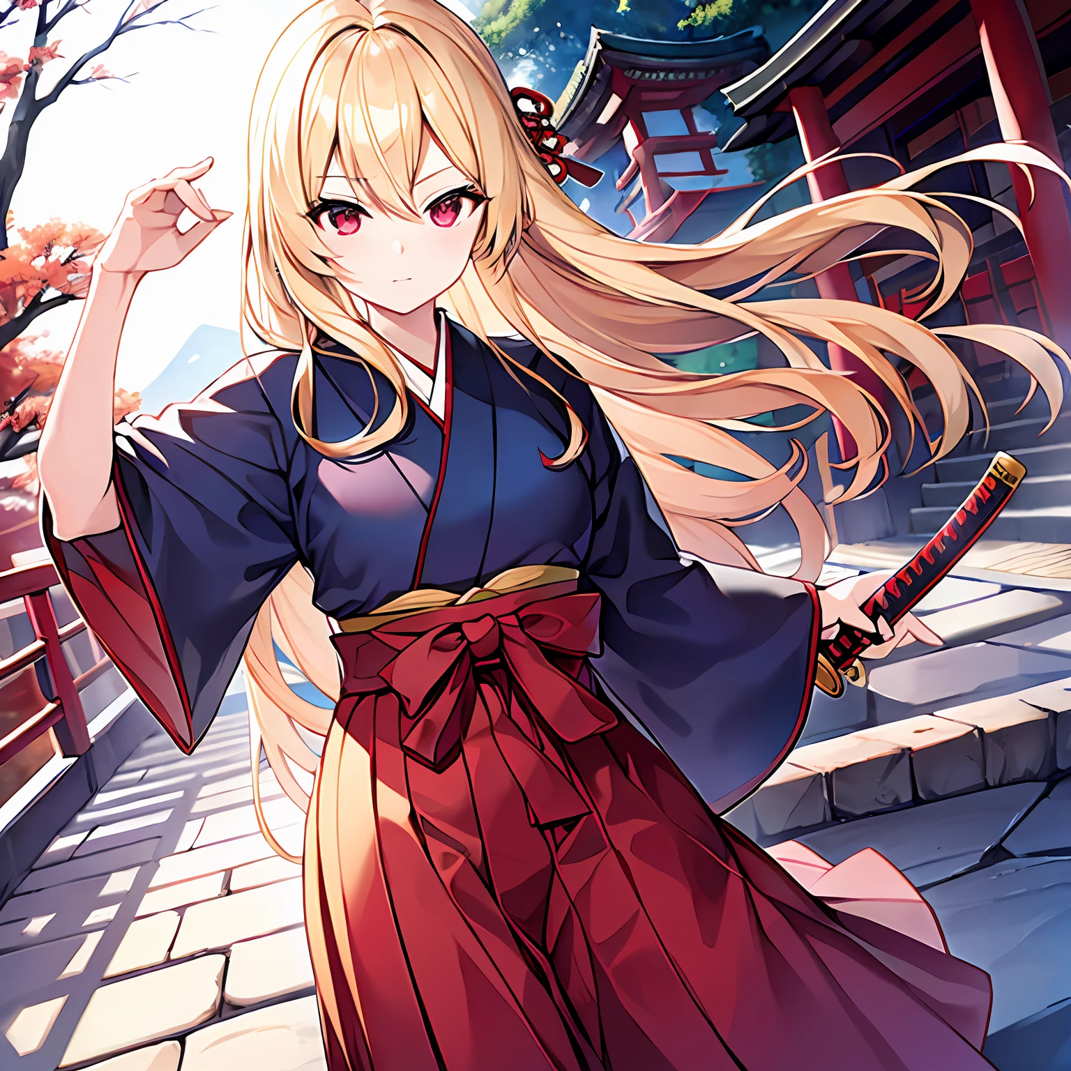 a blond、red eyes、Beautiful girl alone、独奏、animesque、Dark blue hakama、Japanese sword in hand