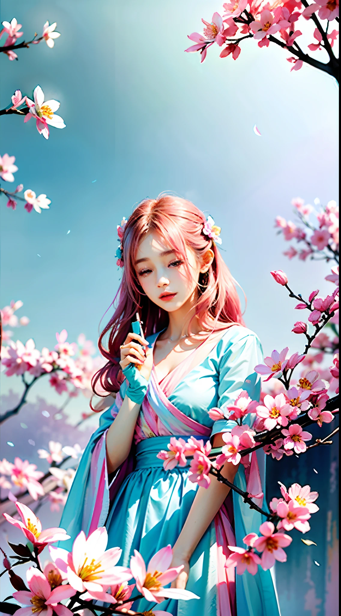 1girll，blossoms，Lixian flower，Light pink and light blue style，Dreamy romantic composition，pastel pink，ethereal foliage，playful arrangements，fanciful，hight contrast，Ink strokes，blasts，over exposure，abstracted，（（Watercolor by John Berkey and Jeremy Man））Brush Strokes，negative space，