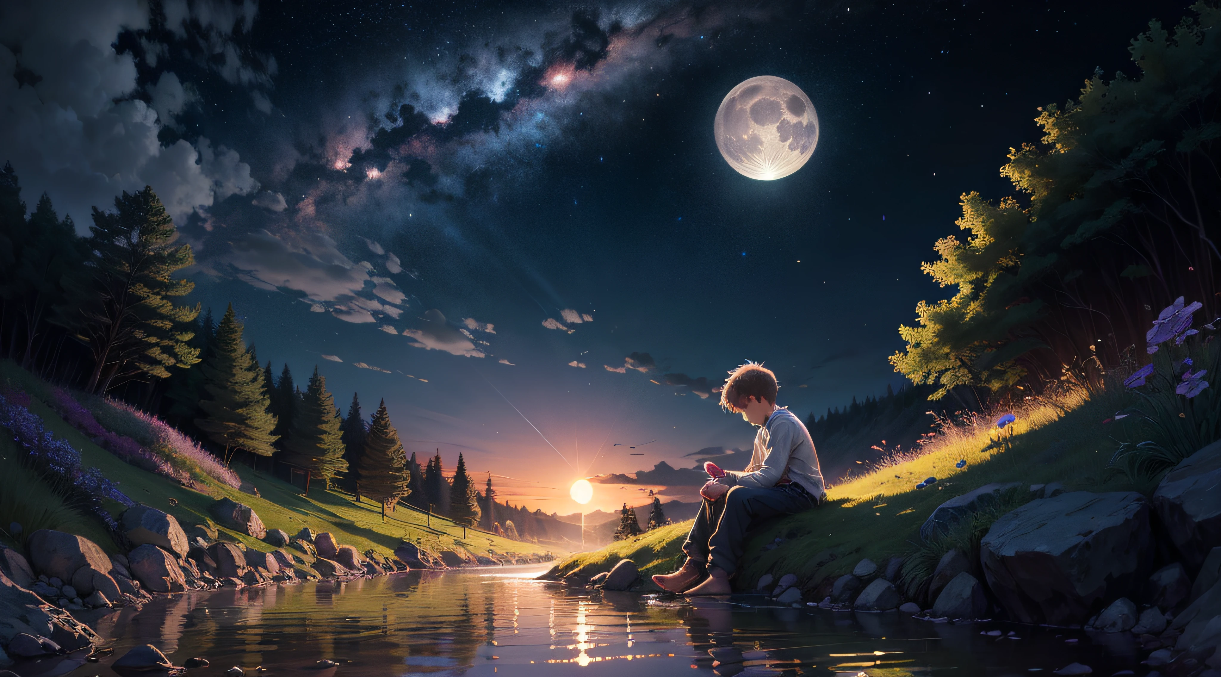 colourfull、colorful scenery、nigh sky、Beautiful starry sky、rivulets、kosmos、Big Moon、realisitic、The boy is asleep、Boy sleeping comfortably by the stream、A radiant aura emanates from the boy、超A high resolution