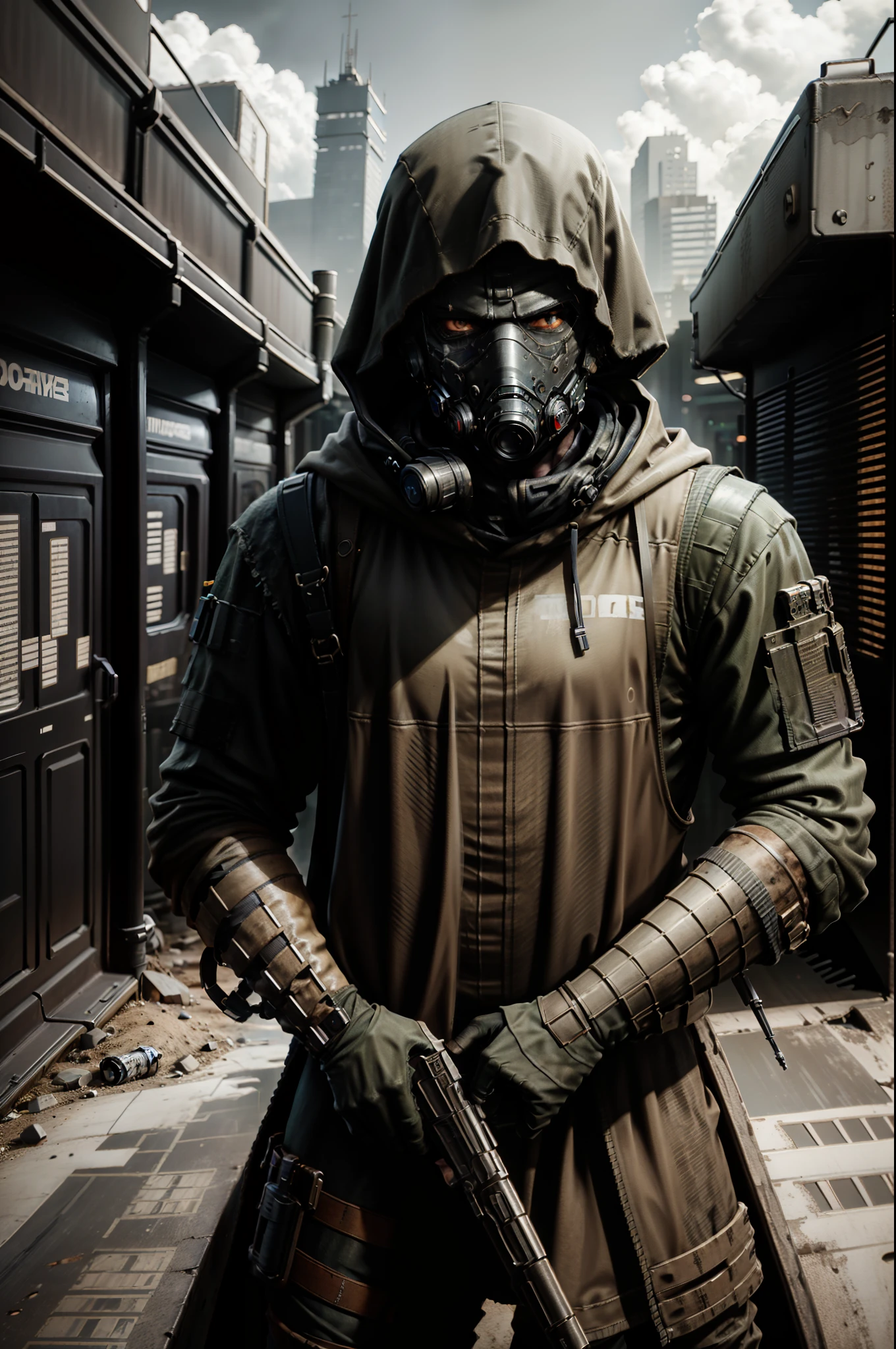 close-up of a masked man with a gun in his hands, Post-apocalyptic scavenger, in apocalyptic robes, Apocalyptic setting, Gloomy apocalyptic style, , In Dayz, , Escape from Tarkov, In Tarkov, Metro 2 0 3 3, standing in wasteland