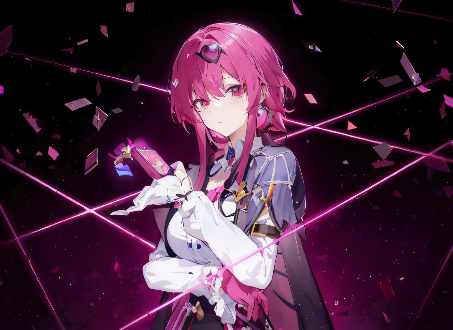 Anime girl with pink hair and glasses in front of pink background, Best anime 4k konachan wallpaper, akasuki voidstar, shalltear from overlord, alchemist girl, tsukasa dokite, Ayaka Genshin impact, Guviz, Detailed key anime art, light novel cover art, Gapmoe Yandere Grimdark Honkai Star Poor Railway Kafka