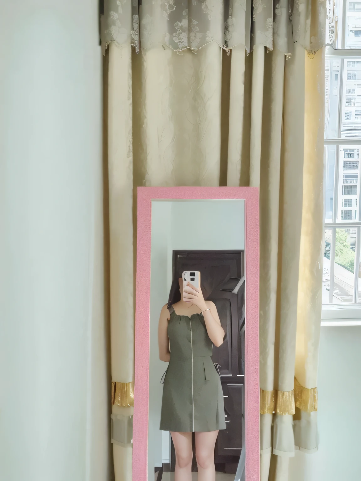 there is a woman taking a picture of herself in the mirror, standing in front of a mirror, Mirror selfie, with a mirror, full body in frame, looking in a mirror, looking in a mirror, 🤬 🤮 💕 🎀, very very low quality picture, reflected in giant mirror, looking in a mirror, Bandeau Dress, Wearing fisherman and black Martin boots