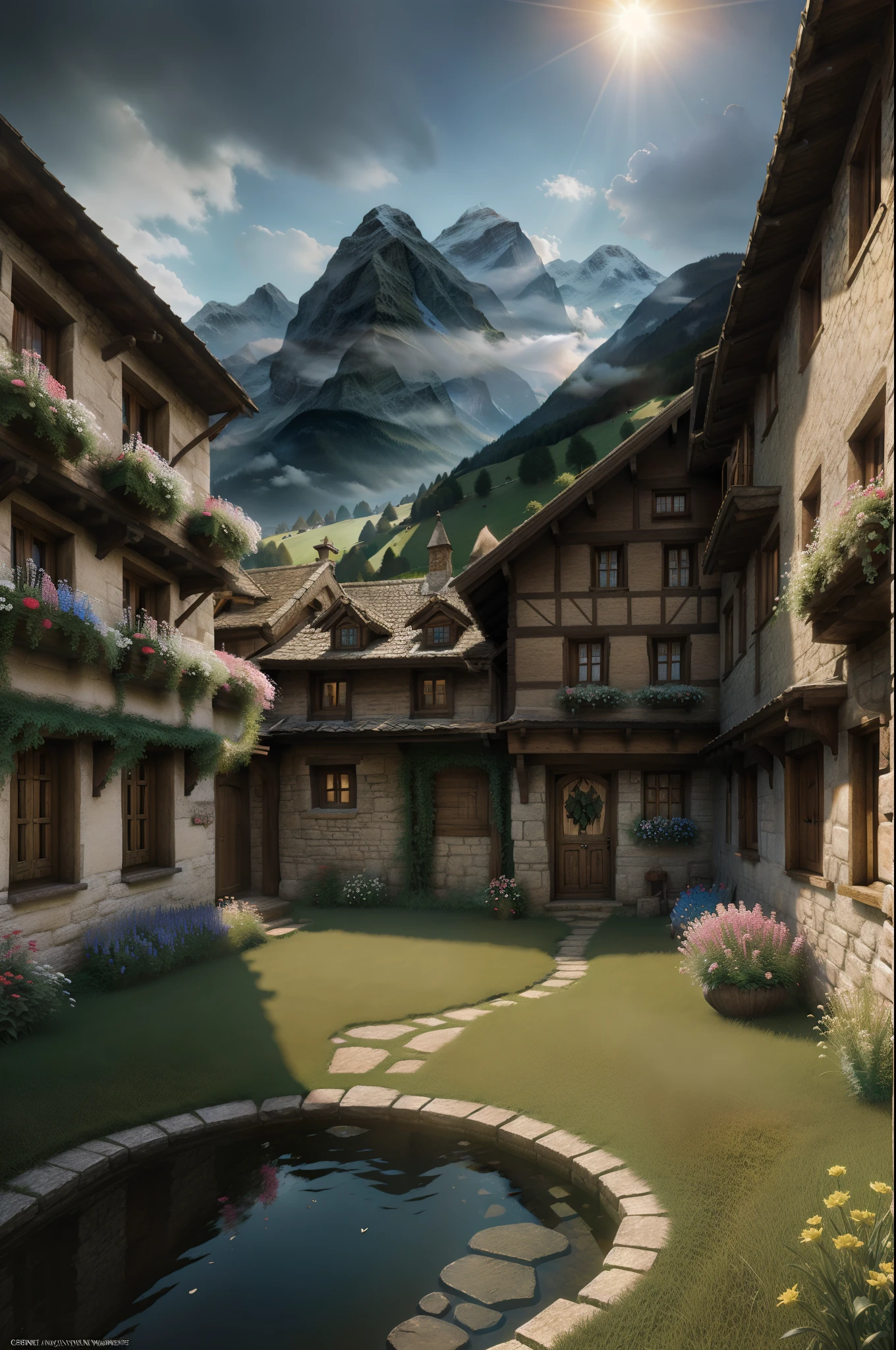 the hobbit, tolkien, a medieval village in switzerland, ornate, beautiful, atmosphere, vibe, flowers, concept art illustration, greg rutowski, volumetric lighting, sunbeams, particles