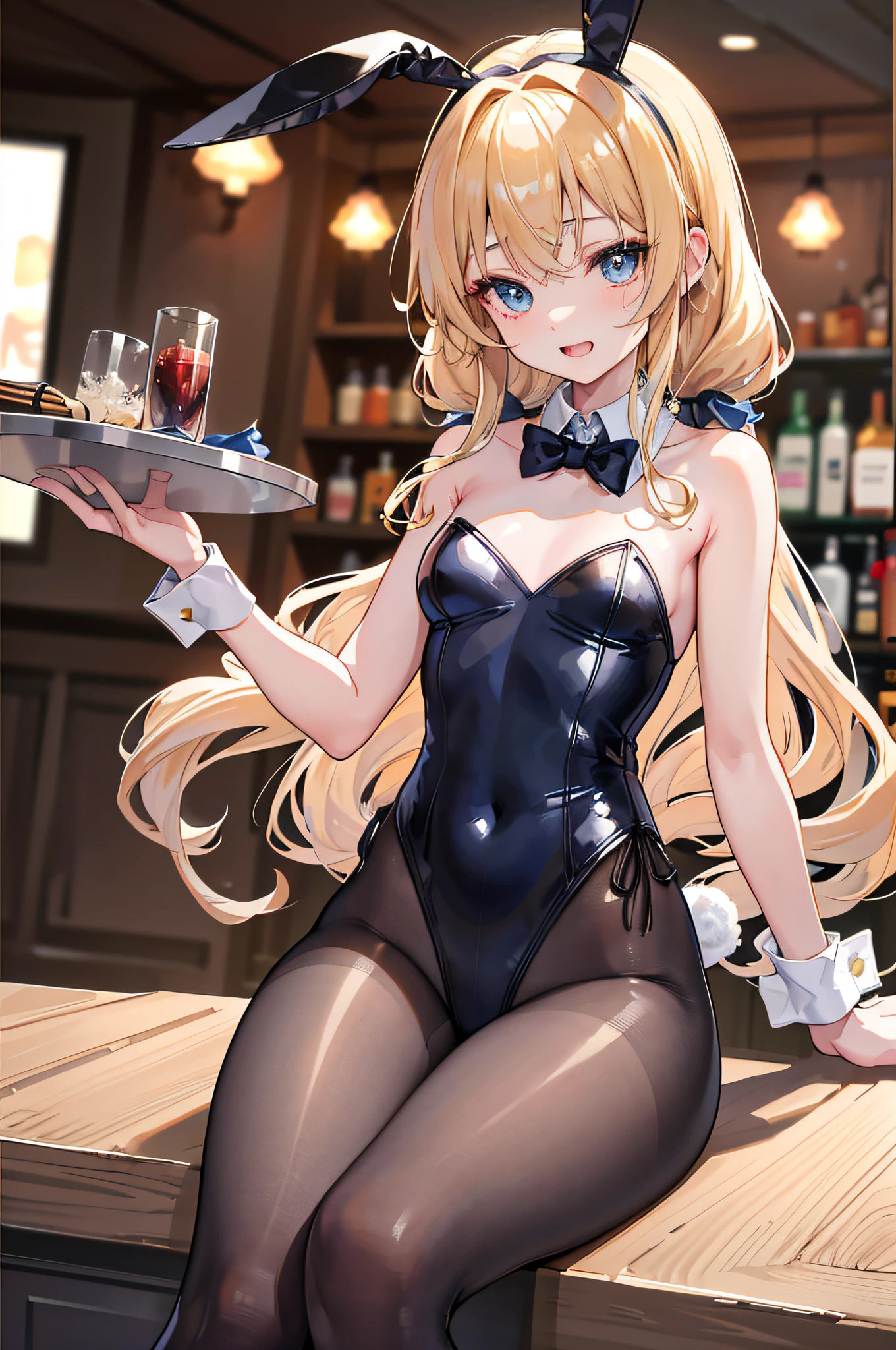 (top-quality、in 8K、32K、masterpiece、nffsw、ighly detailed、Impresionismo、Photorealsitic:1.2)、Full body, (a bar counter、shop front:1.4)、deep-shadows、detailed faces and eyes、beauitful face、blurry backround、20-year-old beauty、shinny skin, Beautiful wavy golden hair、 poneyTail、Blue eyes、beauitful face、blurry backround、Playboy Bunny Girl、High-cut leotards、a bow tie、White cuffs、Wearing mesh pantyhose、Black rabbit ears、Have a tray of liquor、crouching down、An embarrassed smile with an open mouth、Curve、