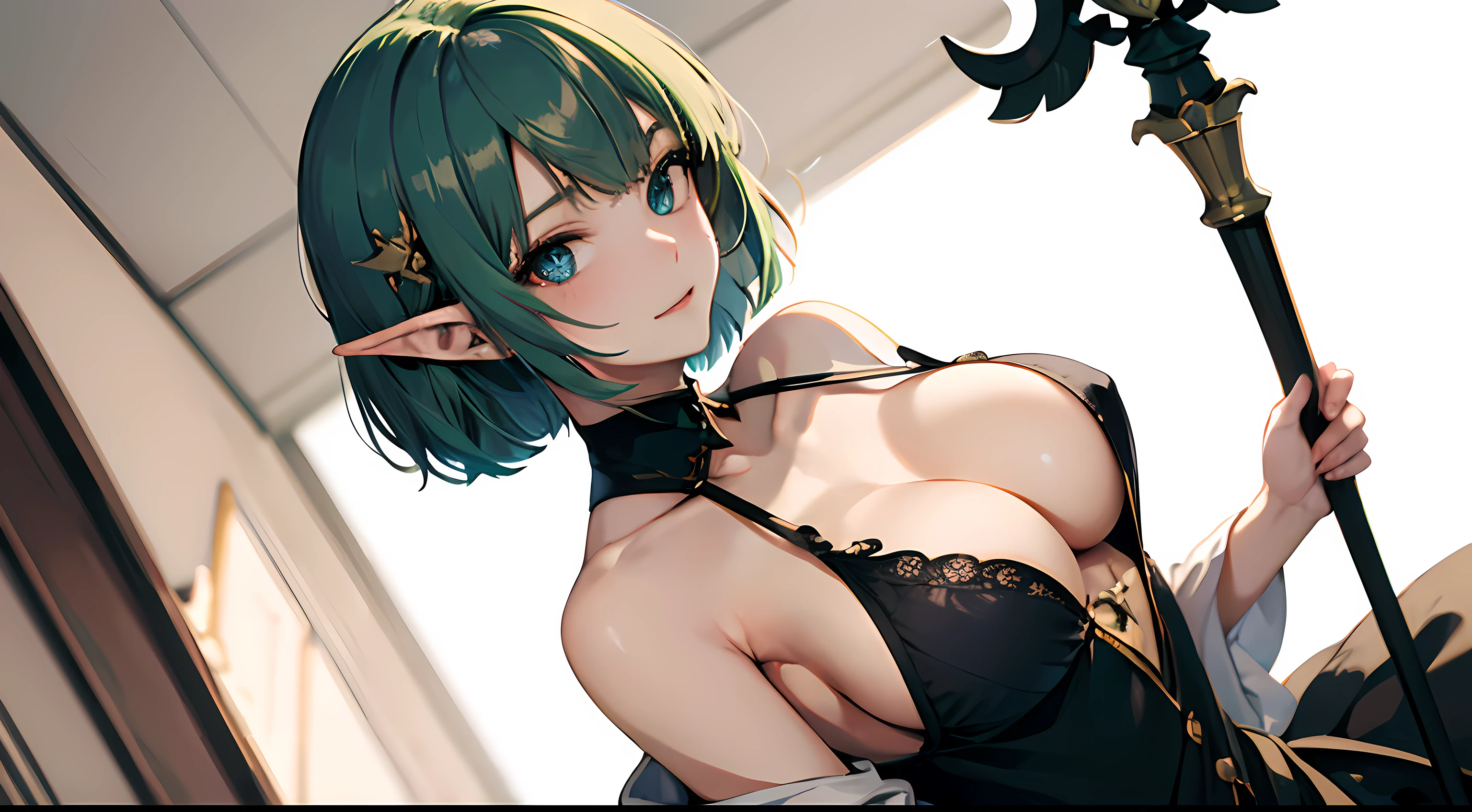masterpiece, one woman, detailed face, Solo, Dynamic Pose, soft Smile, Cinematic Lighting, Best Quality, 8k, 32k,1 Girl, (green hair)+(bob cut hair), (Heterochromia)+(Golden eyes)+(Blue eyes), (breasts:1.6), elf ears, hair ornament, Black mage, staff on back