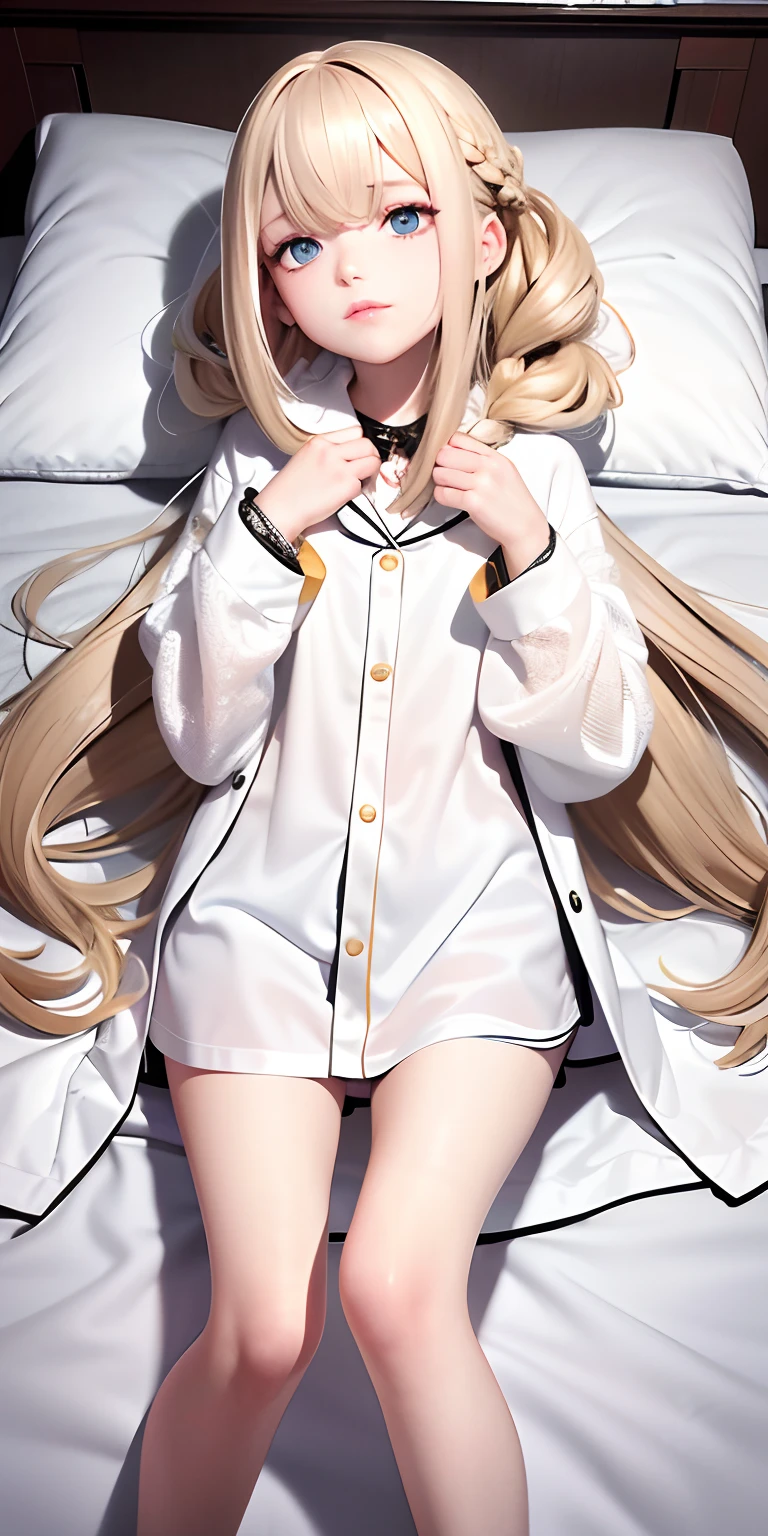 Need,tmasterpiece,whaite hair,Golden eyes,Manteau blanc,Look up,full bodyesbian,Hairline,Fair skin,SideBraid，White lace pajamas，Lie down in bed